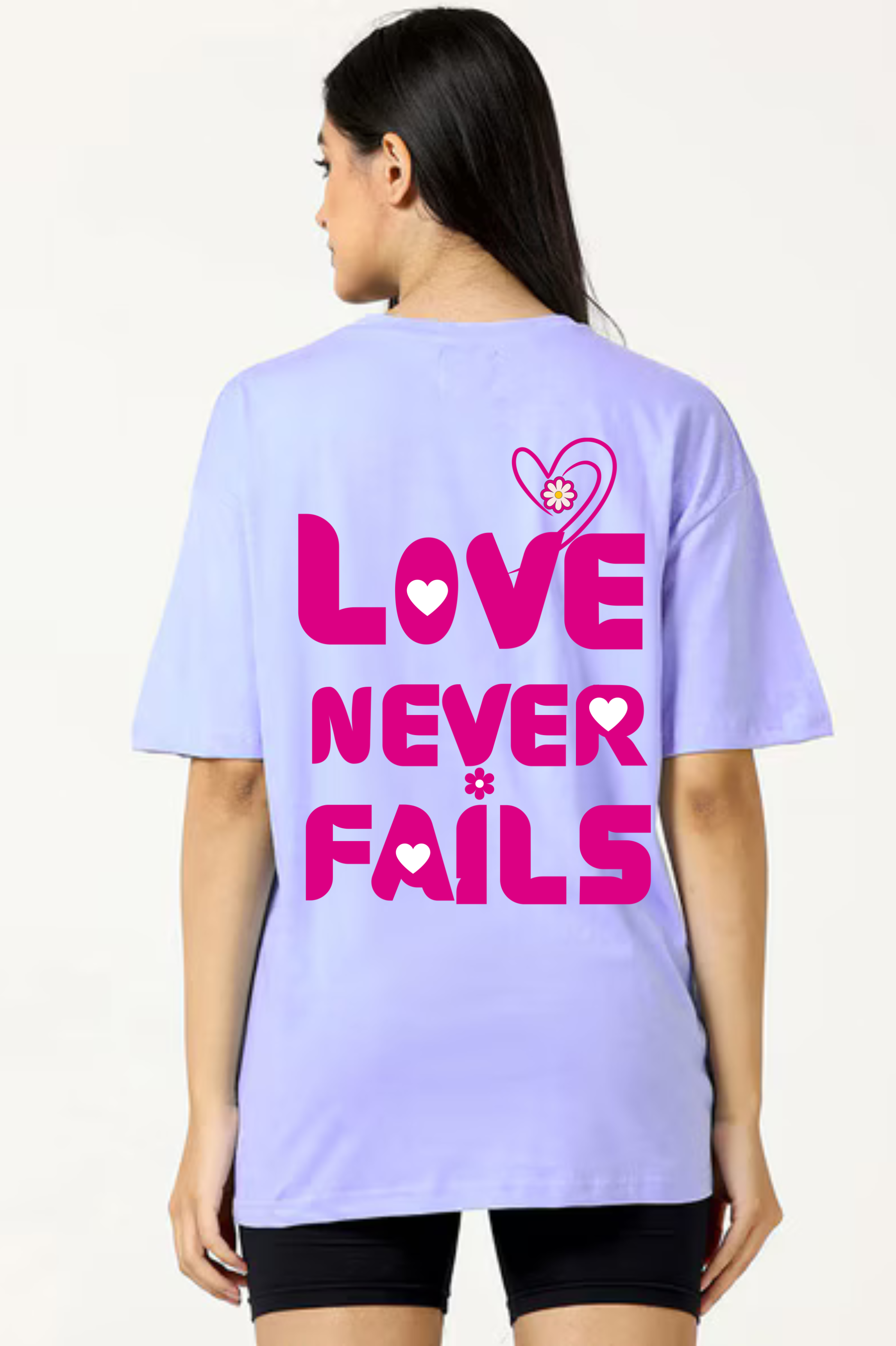 Love Never Fails  Classic Oversized Front and Back  Graphic Printed T-shirt for Women[240GSM]