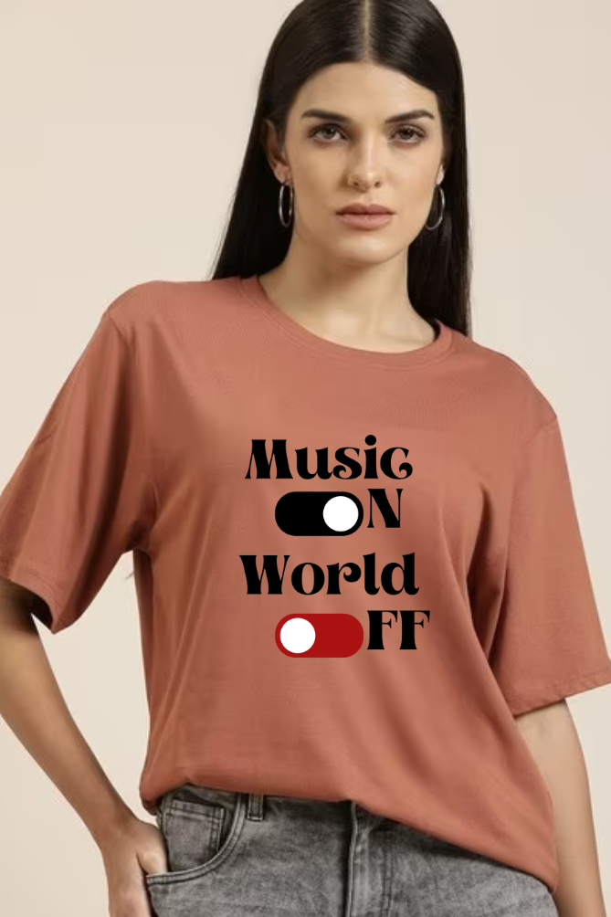 Music On World Off Graphic Printed Classic Oversized T-shirt for Women [240GSM]