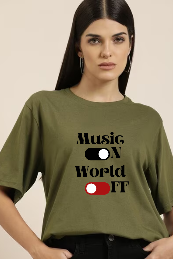 Music On World Off Graphic Printed Classic Oversized T-shirt for Women [240GSM]
