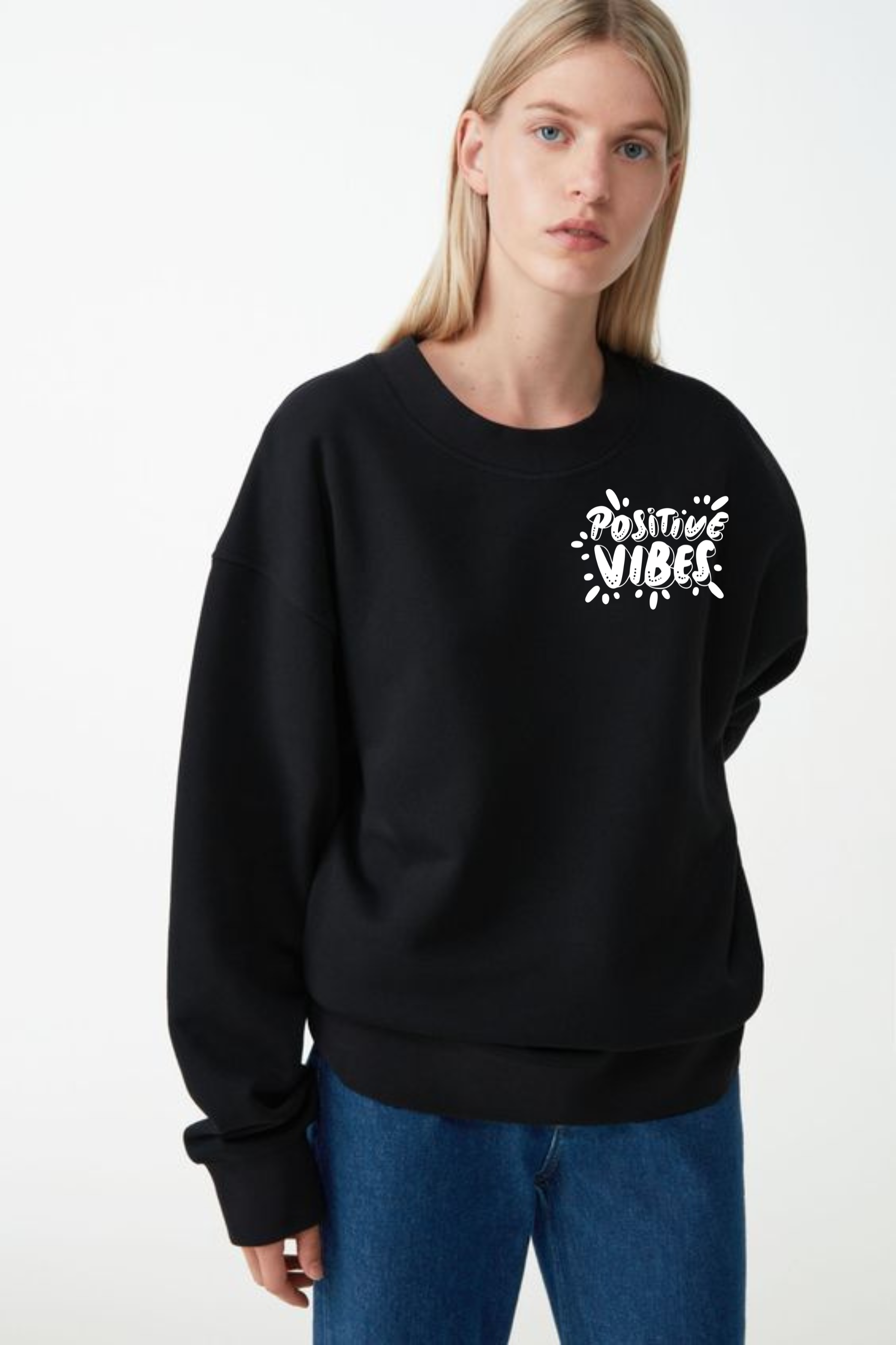 Positive Vibes Front & Back Oversized Graphic Printed Sweatshirt For Women [ Heavyweight 400 GSM ]