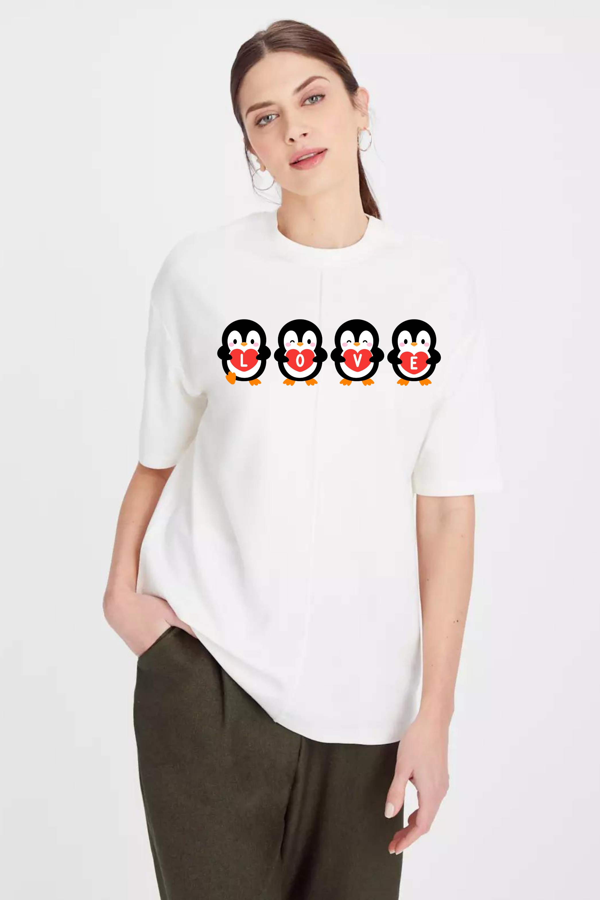 cute Penguin Love story Classic Oversized Front and Back  Graphic Printed T-shirt for Women[240GSM]
