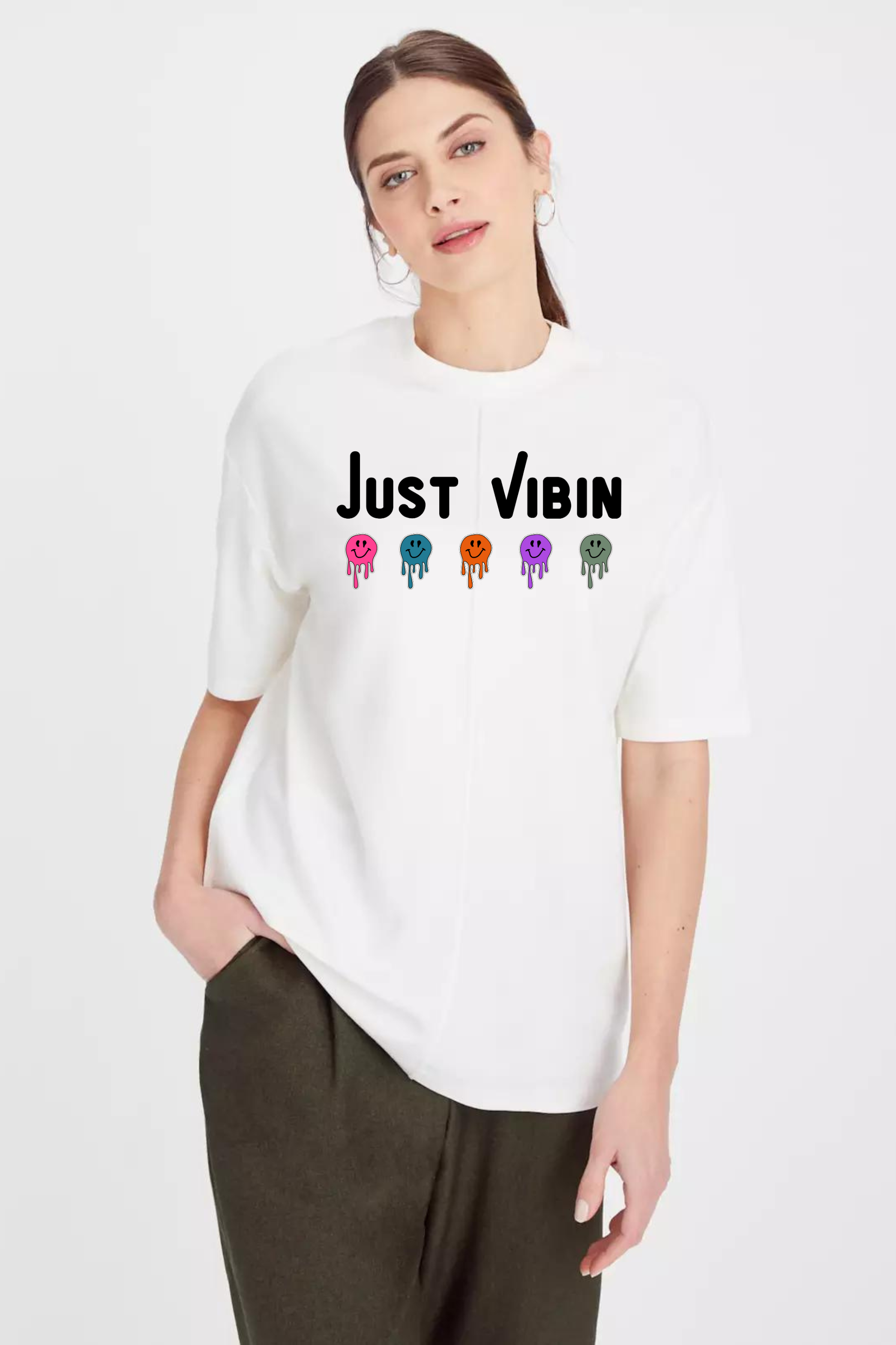 Just Vibin Graphic Printed Classic Oversized T-shirt For Women [240GSM]