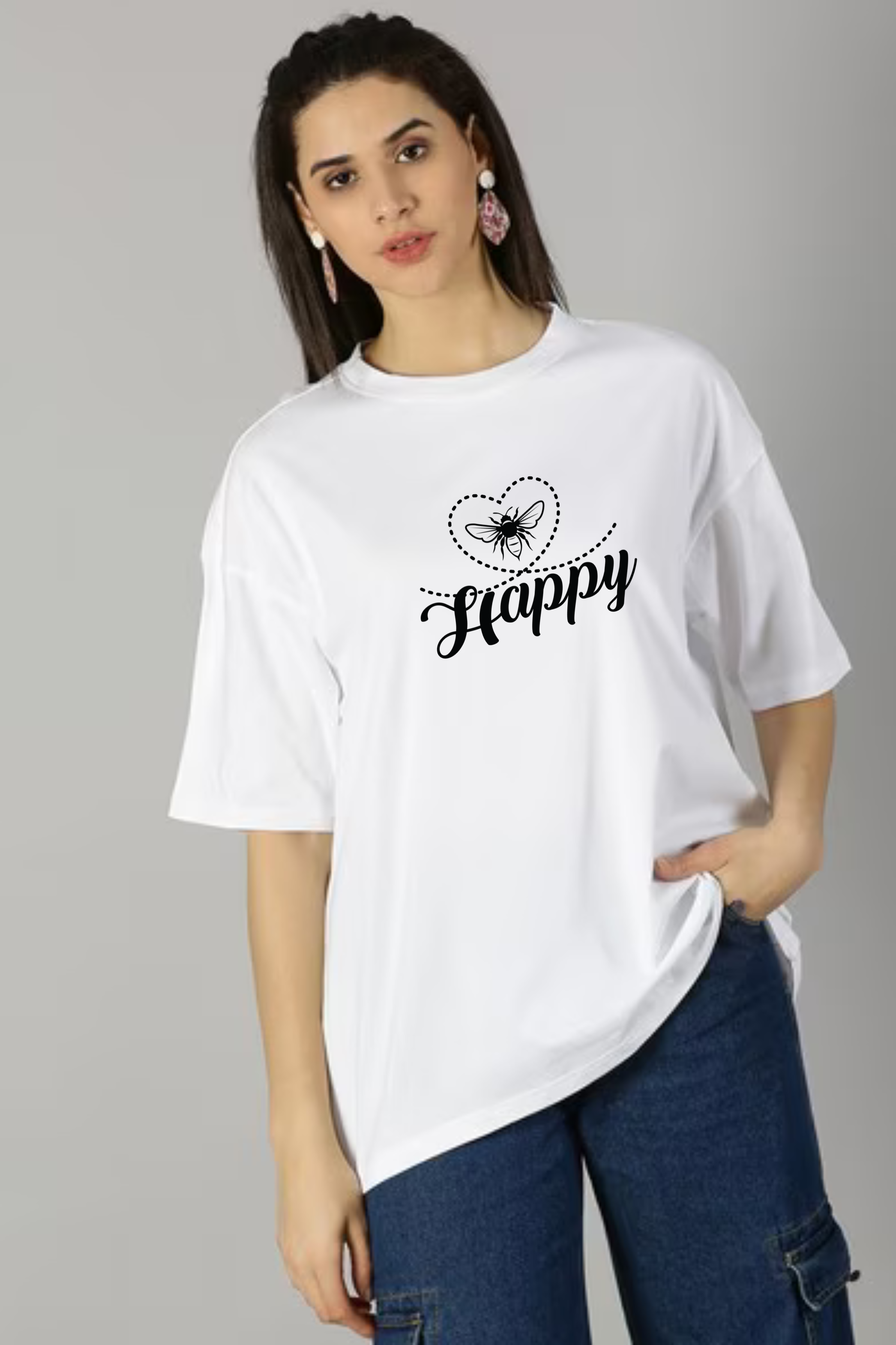 Be Happy Graphic Printed Classic Oversized T-shirt For Women [240GSM]