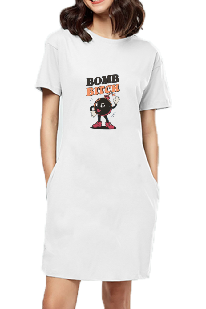 Bomb Bitch Printed T-Shirt Dress For Women