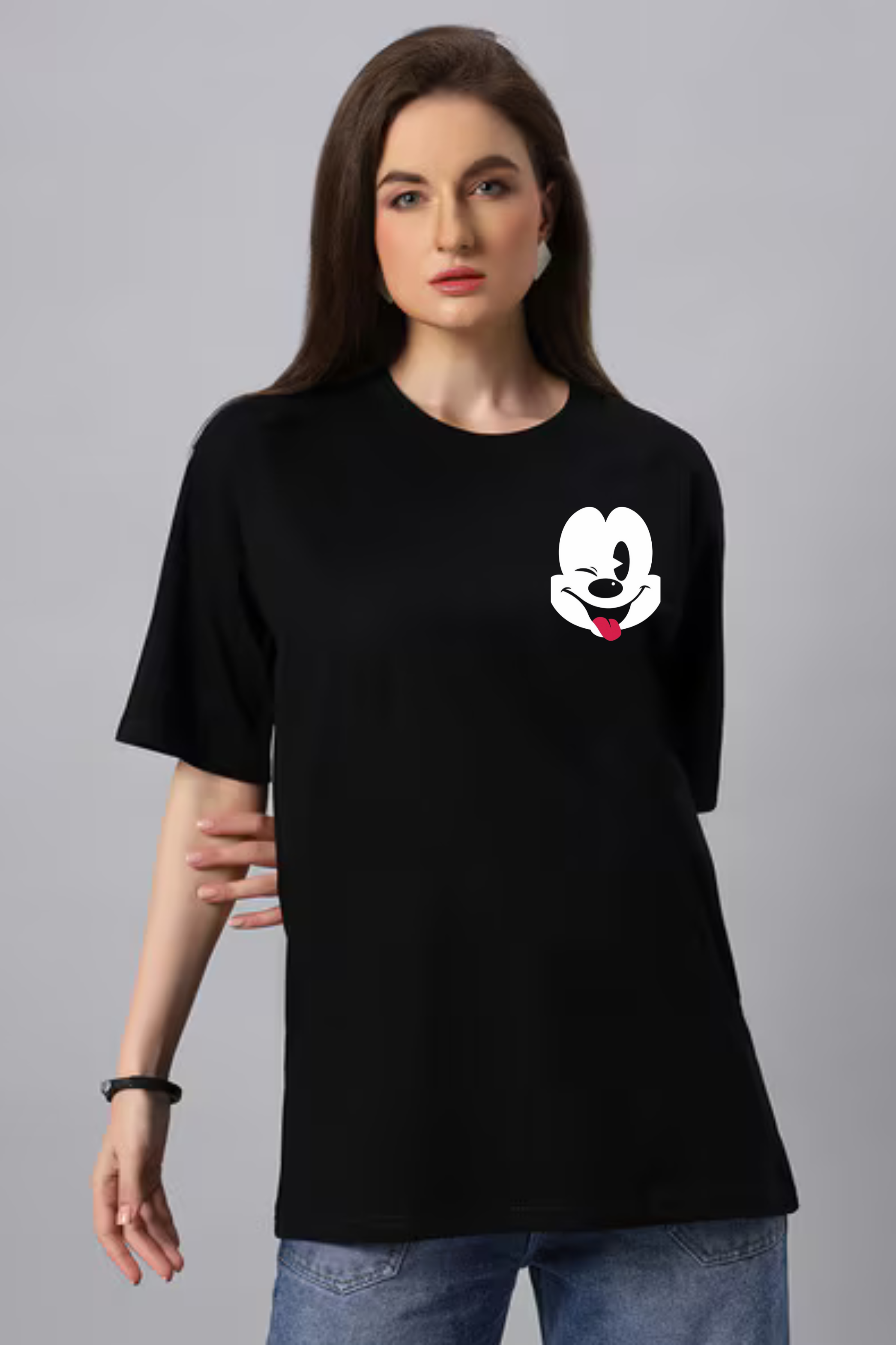 Micky Graphic Printed Front And Back Classic Oversized T-shirt for Women [240GSM]