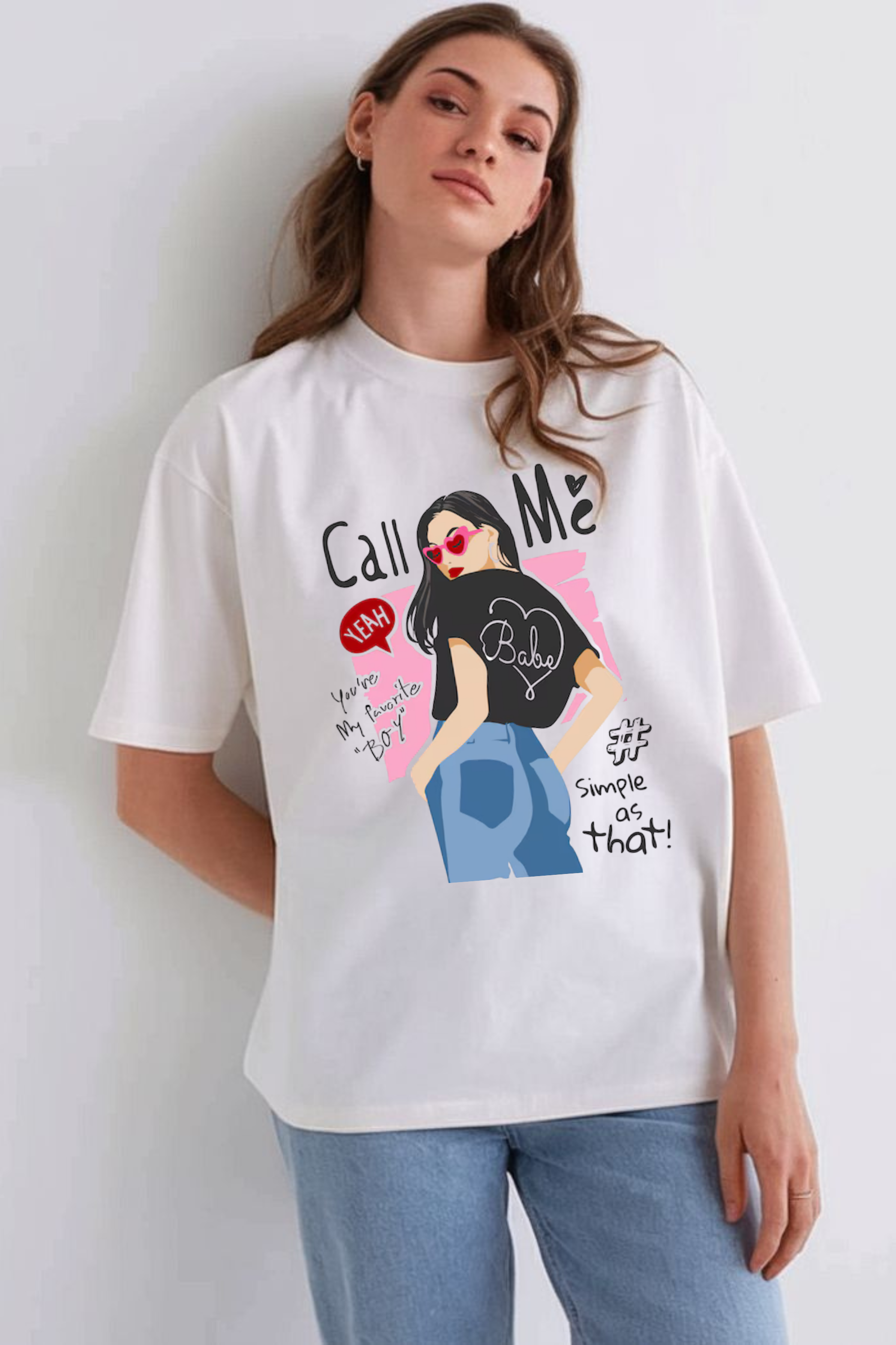 Call Me Babe Graphic Printed Classic Oversized T-shirt For Women 240GSM]