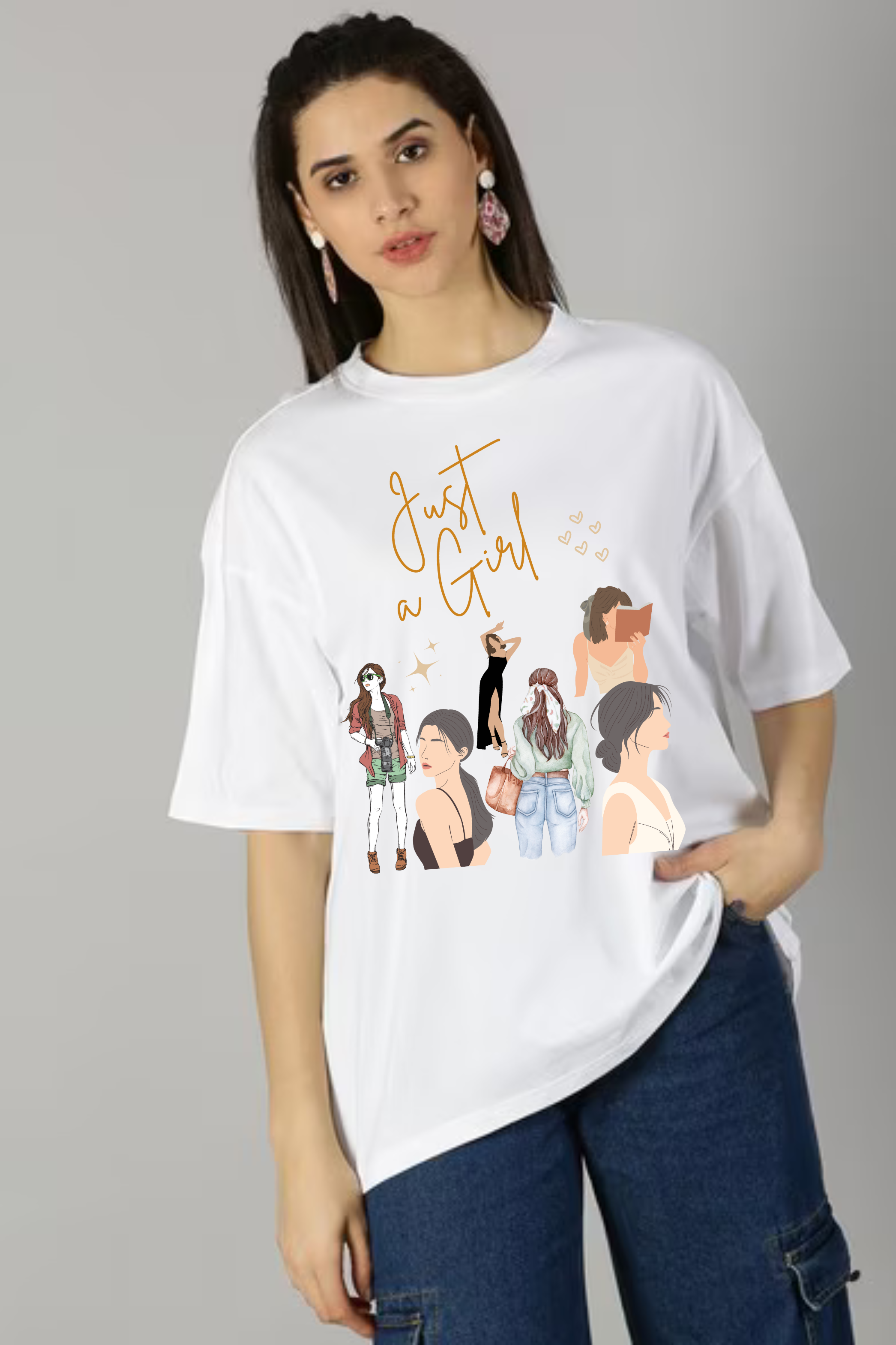 Just a Girl Classic Oversized Graphic Printed T-shirt for Women [240GSM]