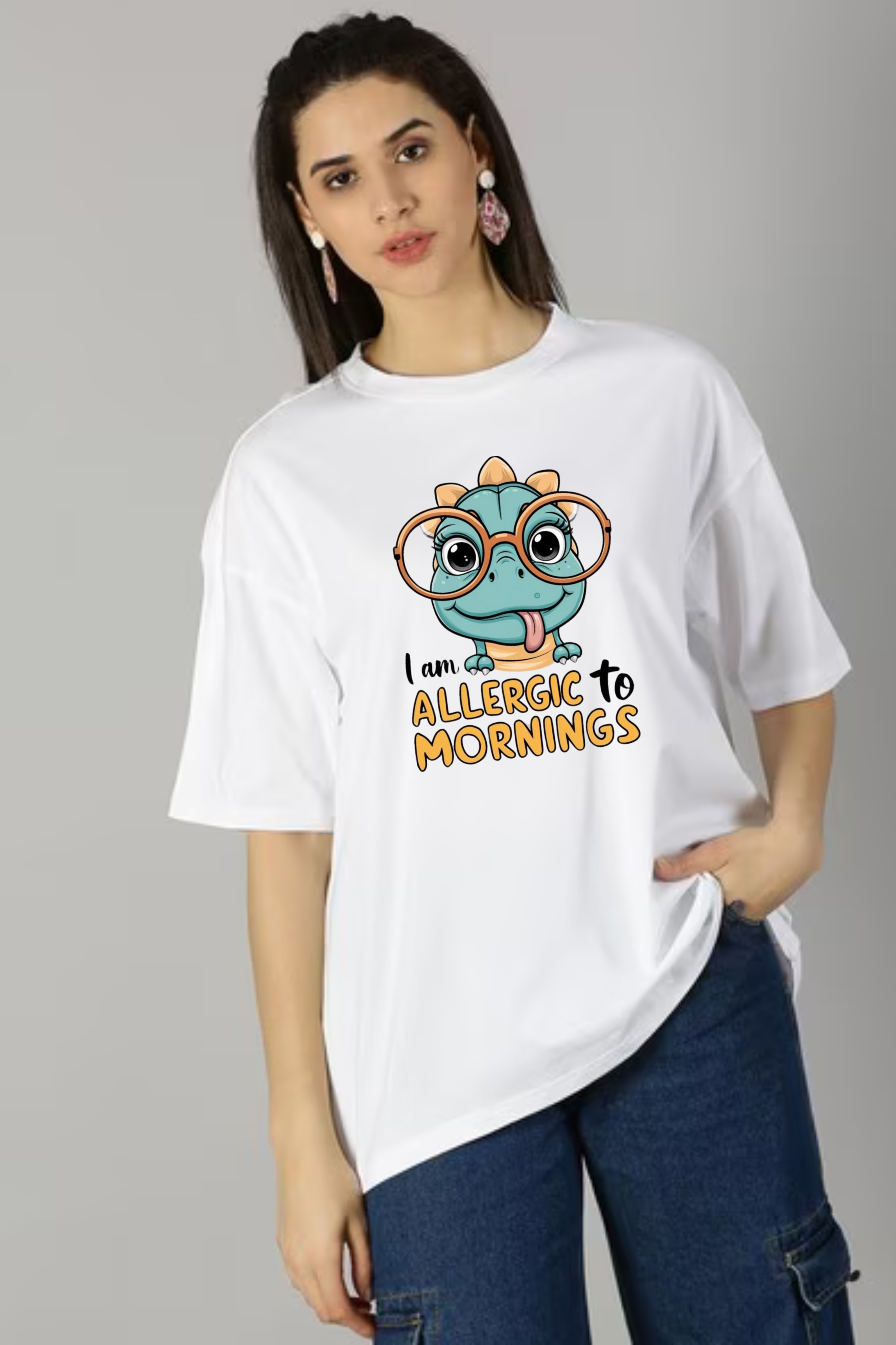 I Am Allergic To Morning Graphic Printed Classic Oversized T-shirt For Women [240GSM]