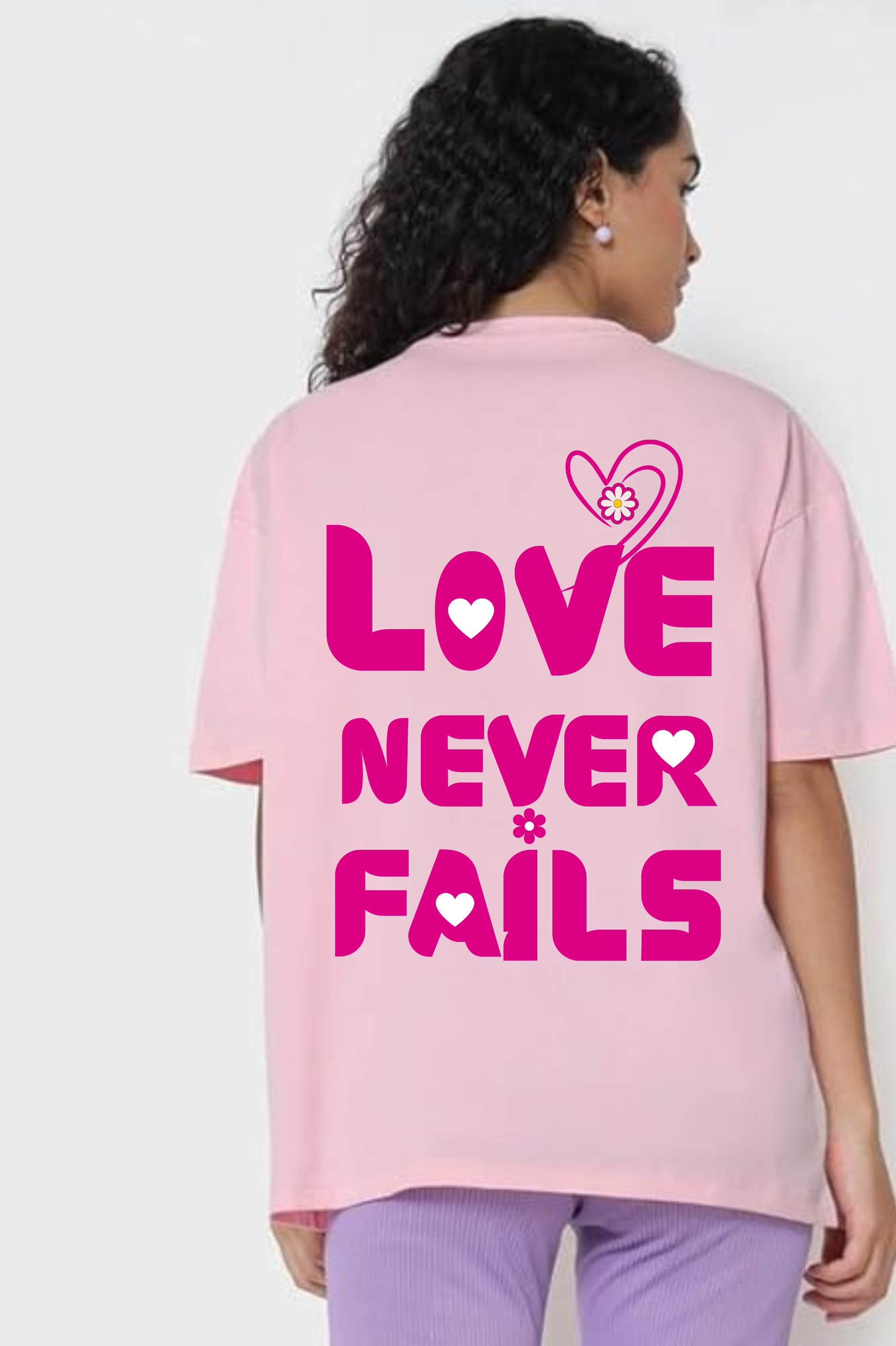 Love Never Fails  Classic Oversized Front and Back  Graphic Printed T-shirt for Women[240GSM]