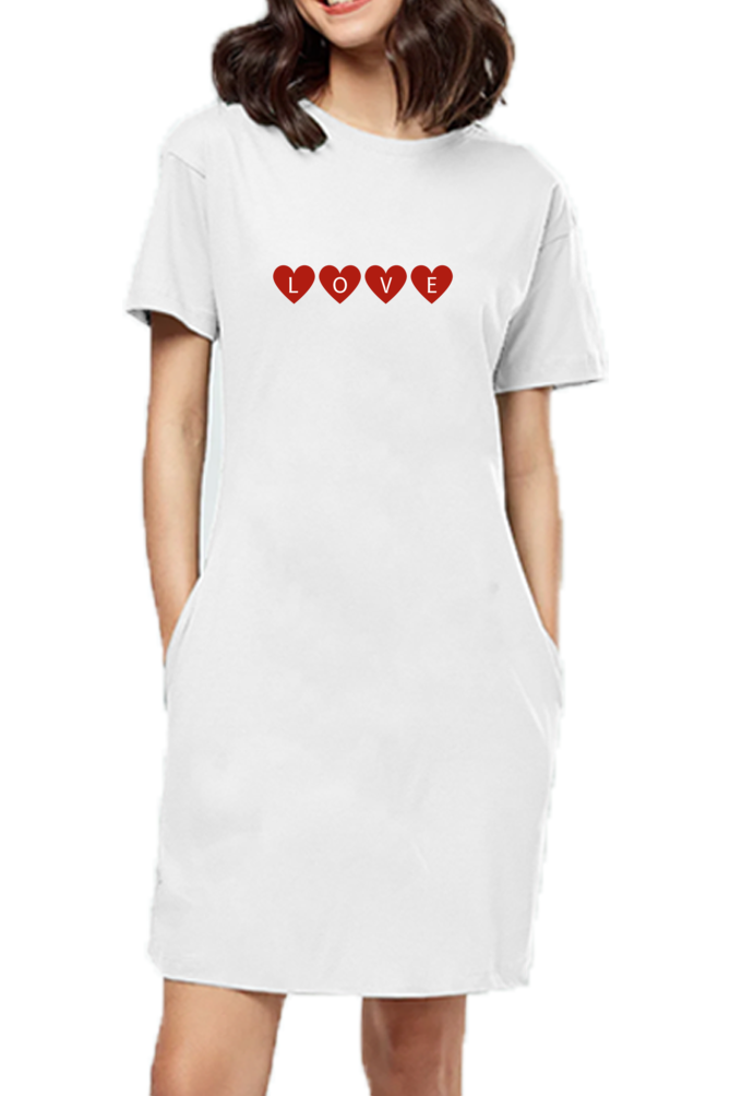 Love Heart Printed T-Shirt Dress For Women
