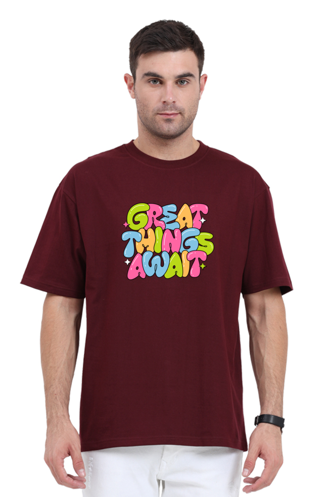 Great Things Await Graphic Printed Classic Oversized T-shirt for Men [240GSM]