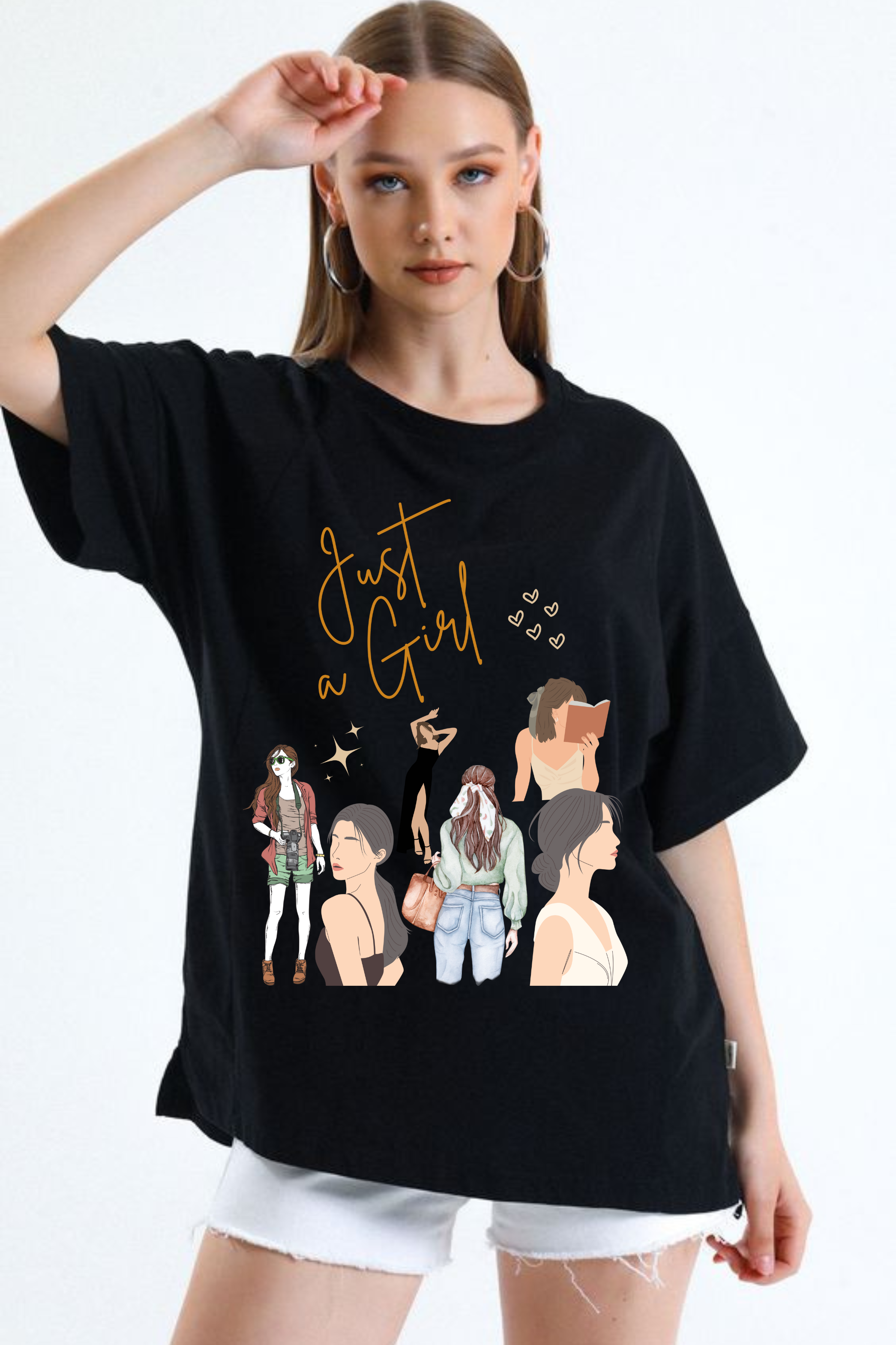 Just a Girl Classic Oversized Graphic Printed T-shirt for Women [240GSM]