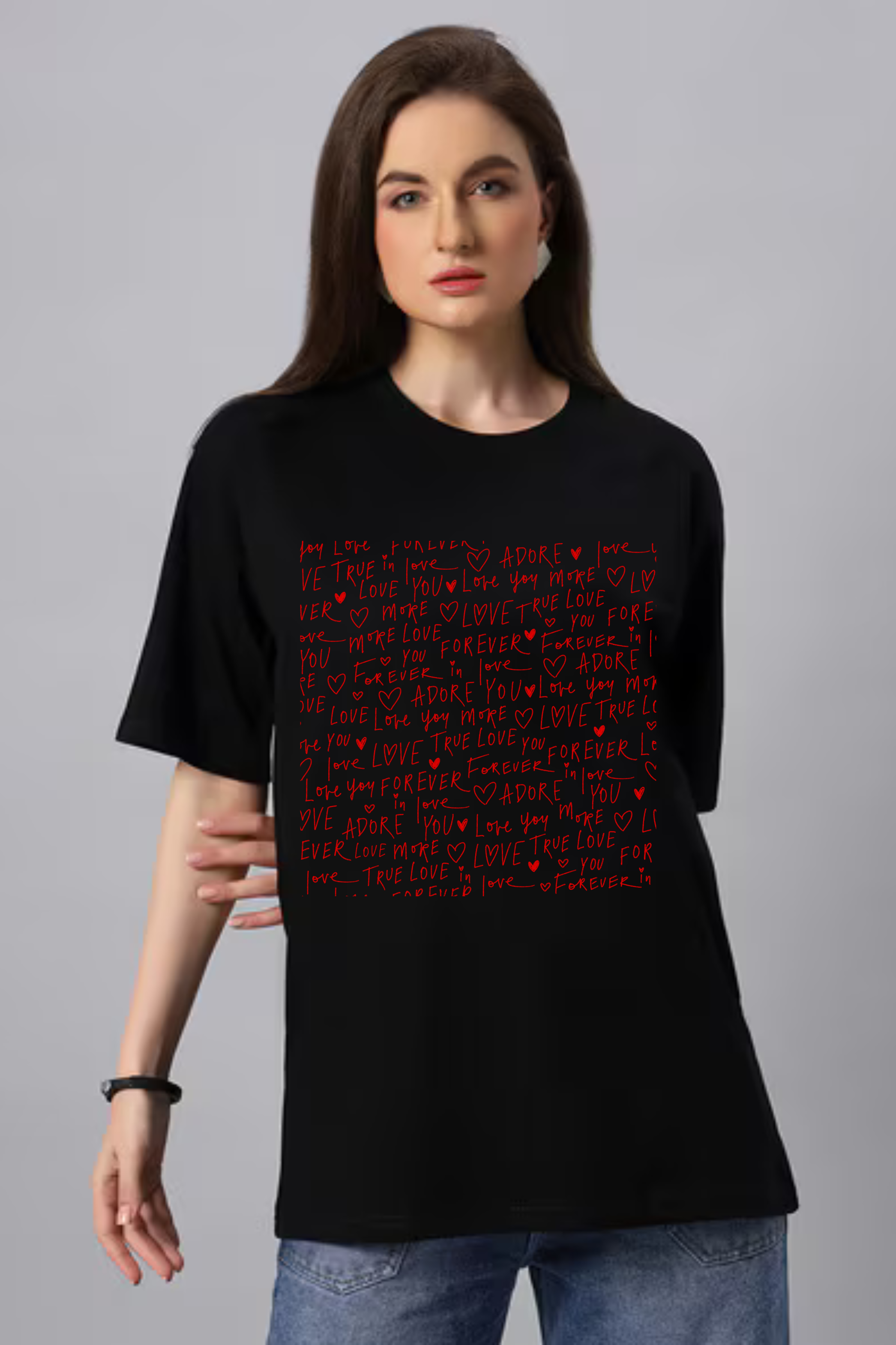Love Typography Graphic Printed Classic Oversized T-shirt For Women 240GSM]