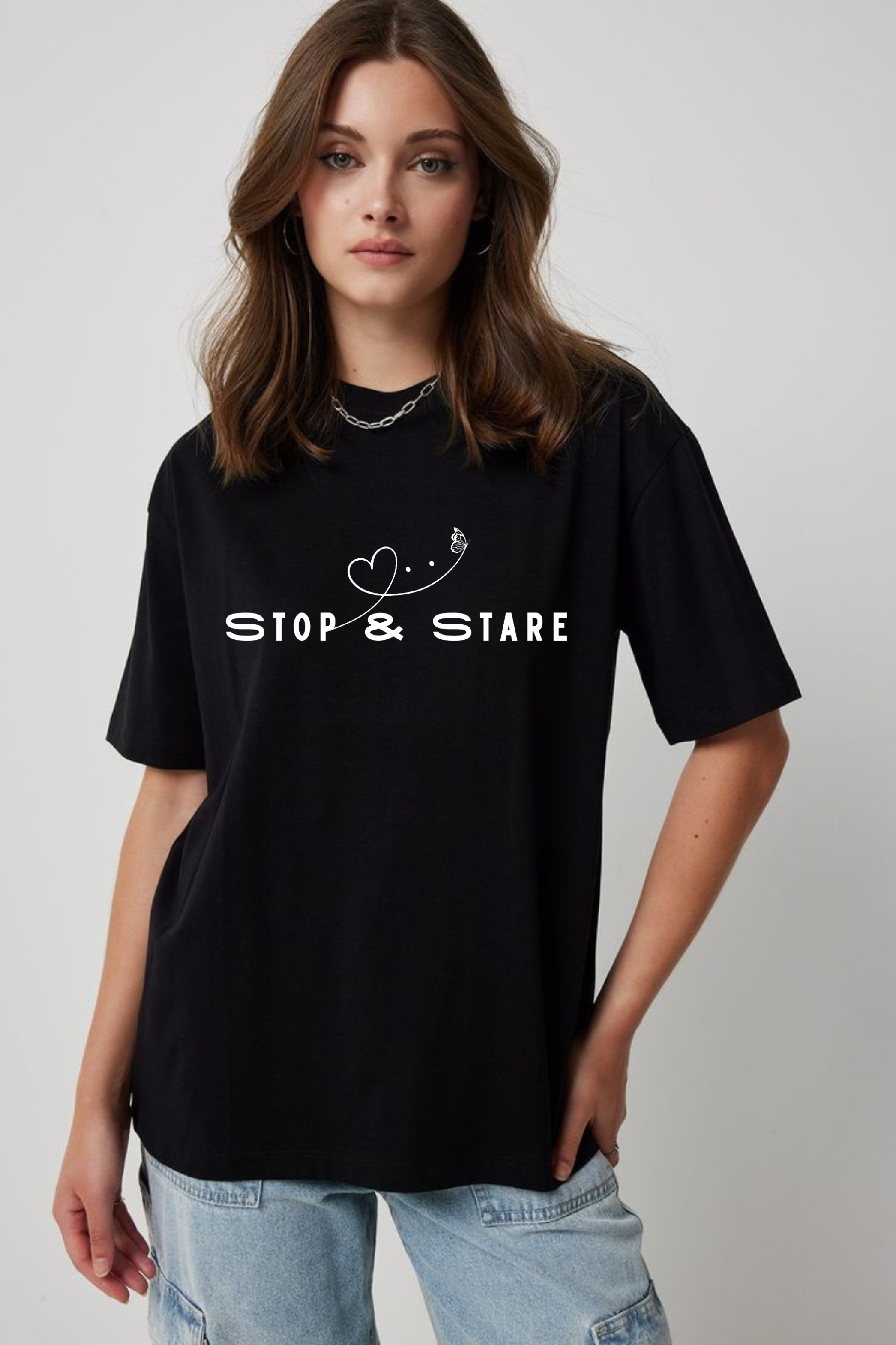 Stop & Stare Graphic Printed Classic Oversized T-shirt For Women [240GSM]