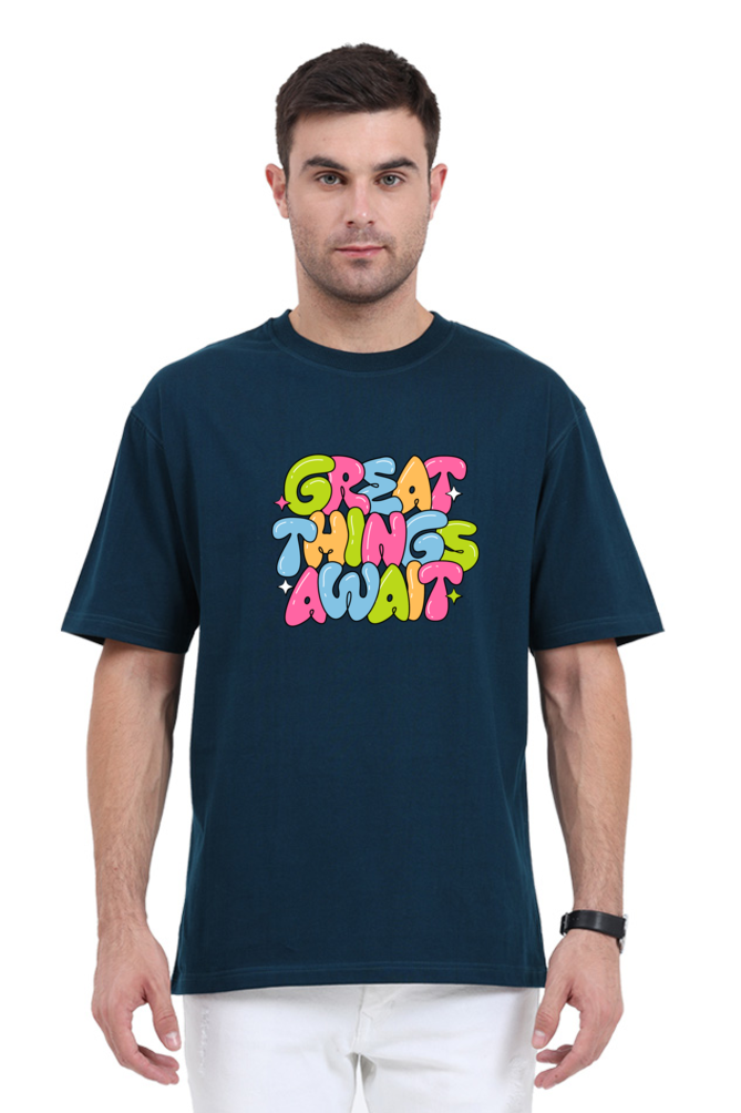 Great Things Await Graphic Printed Classic Oversized T-shirt for Men [240GSM]