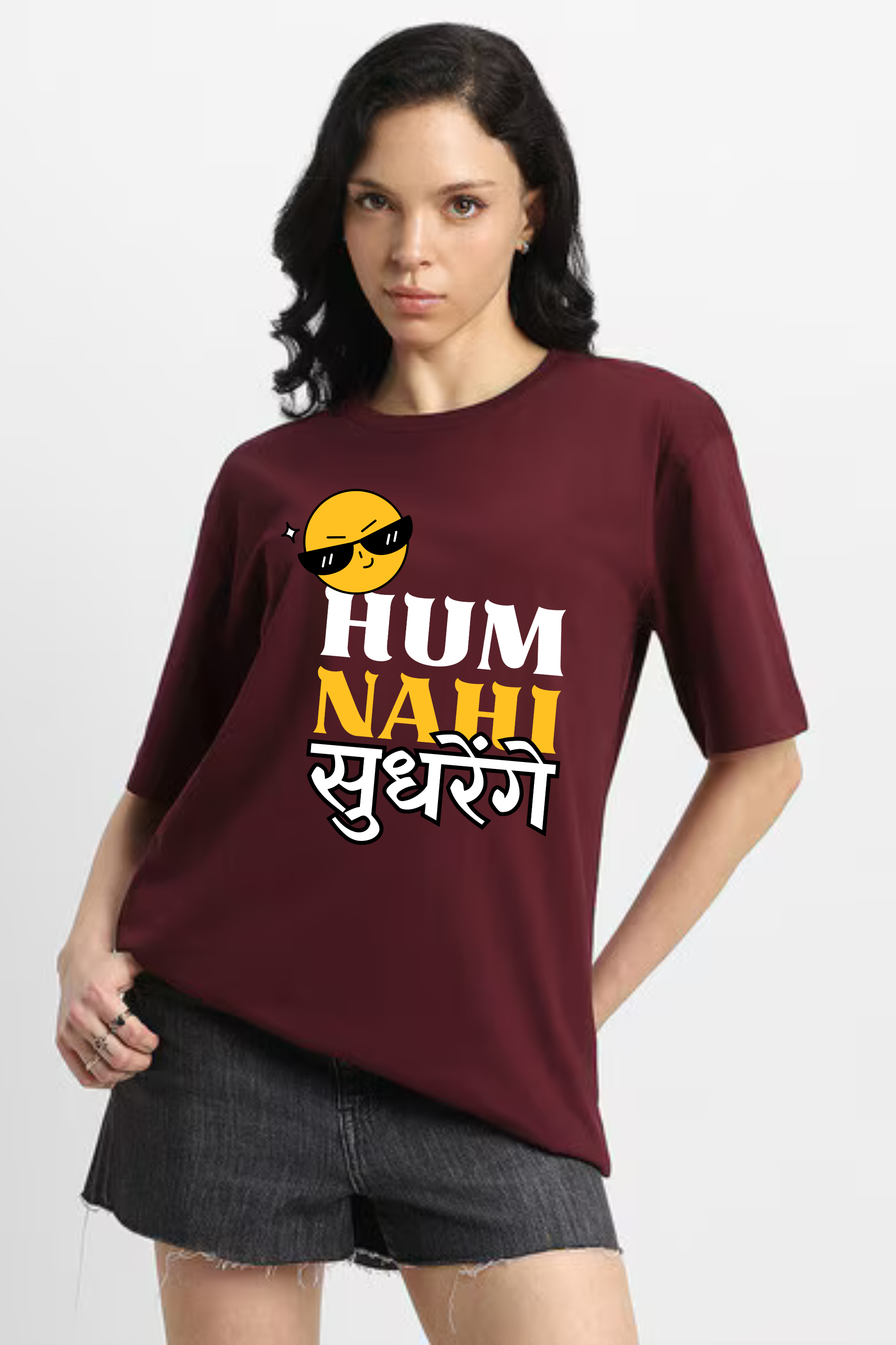 Hum Nahi Sudhrenge Graphic Printed Classic Oversized T-shirt For Women 240GSM]