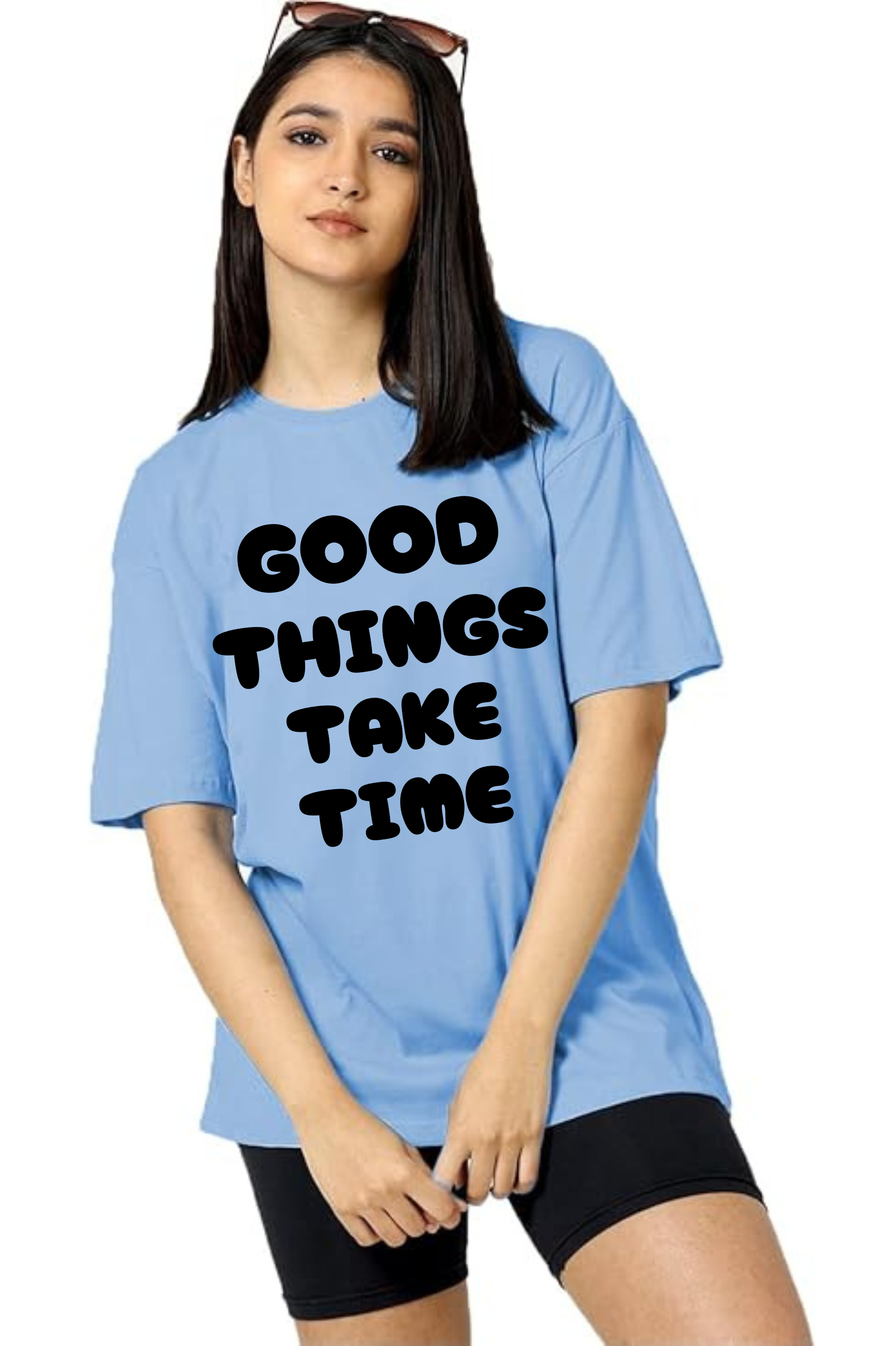 Good Things Take Time Graphic Printed Classic Oversized T-shirt For Women 240GSM]