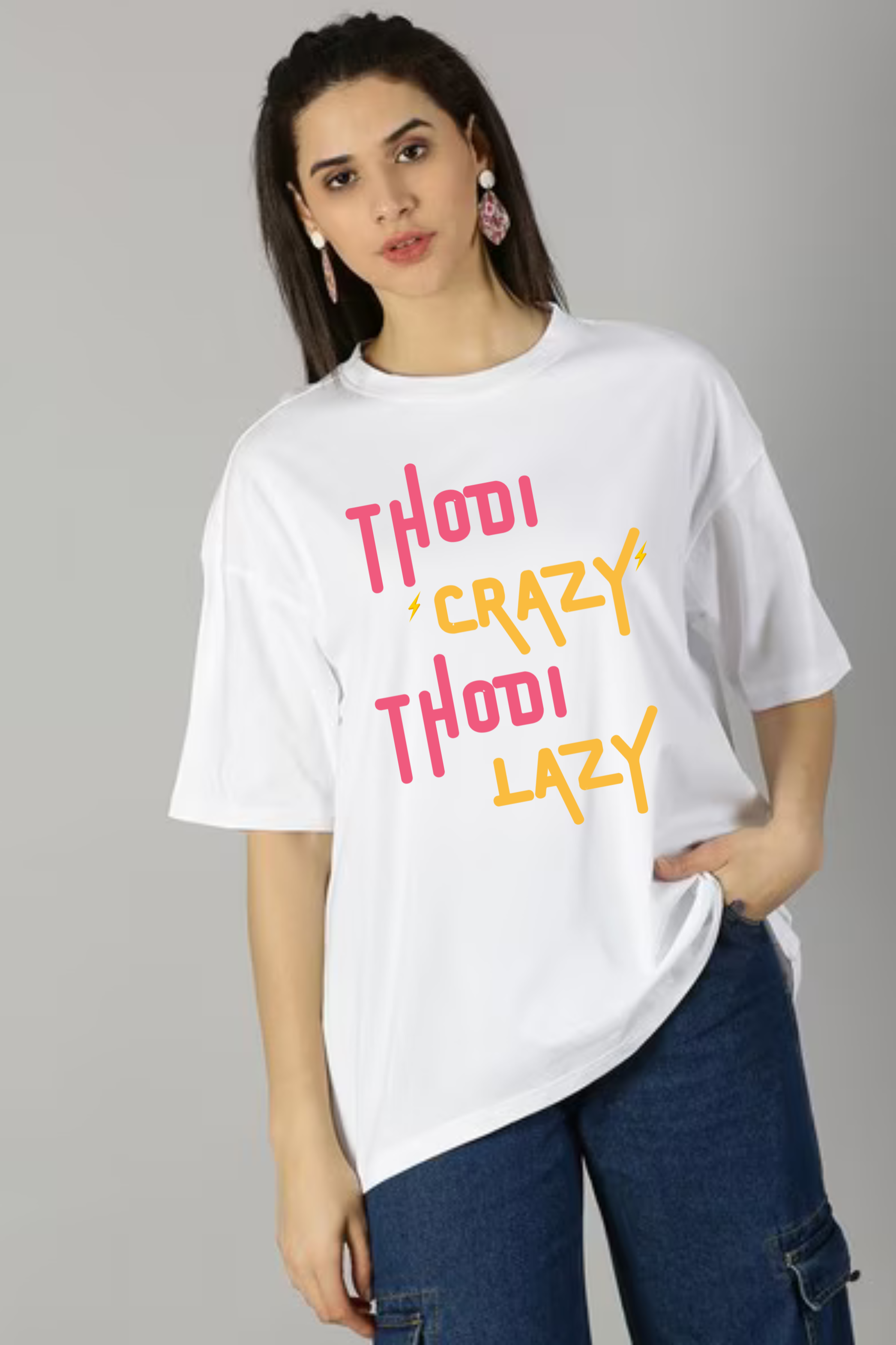 Thodi Crazy Thodi  Lazy Graphic Printed Classic Oversized T-shirt For Women [240GSM]