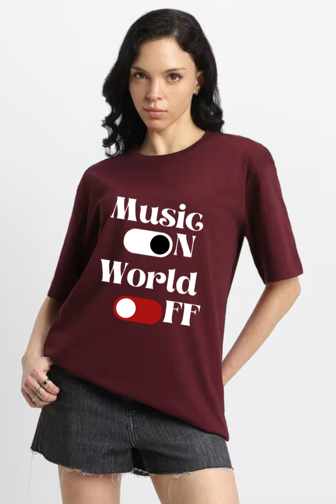 Music On World Off Graphic Printed Classic Oversized T-shirt for Women [240GSM]