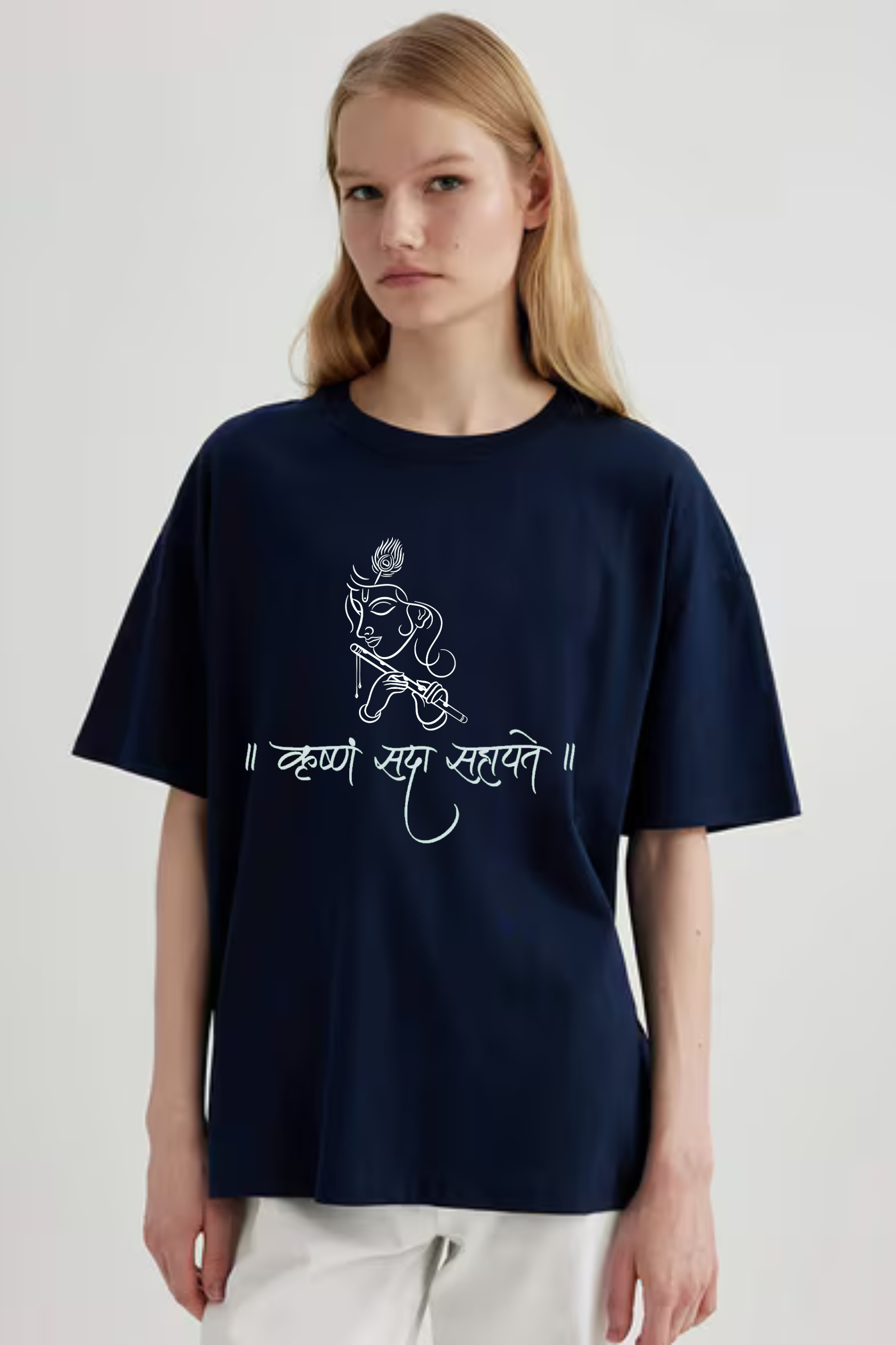 Krishna Sada Sahayte Front And Back Graphic Printed Oversized Standard T-shirt for Women [180 GSM]