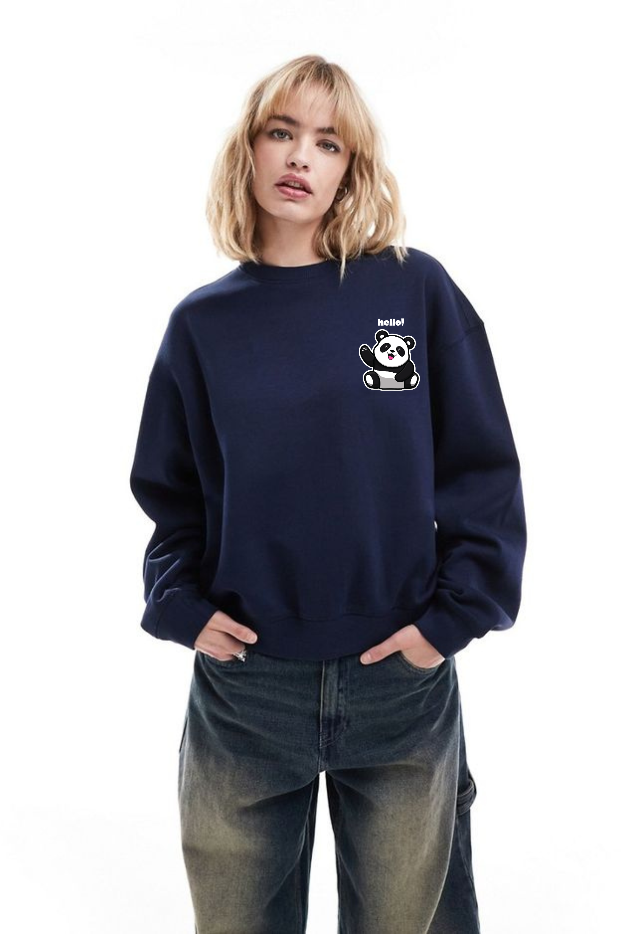 Hello Panda Oversized Graphic Printed Sweatshirt For Women [ Heavyweight 400 GSM ]