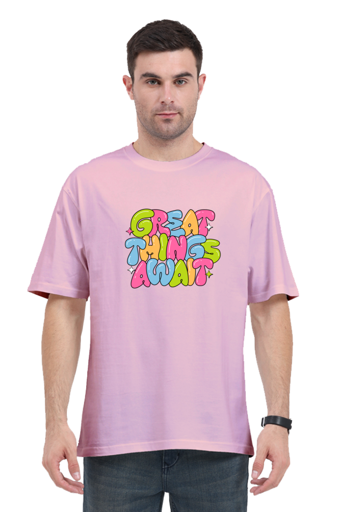 Great Things Await Graphic Printed Classic Oversized T-shirt for Men [240GSM]