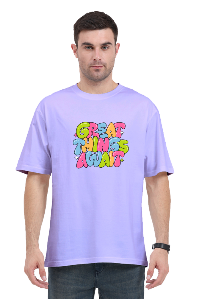 Great Things Await Graphic Printed Classic Oversized T-shirt for Men [240GSM]
