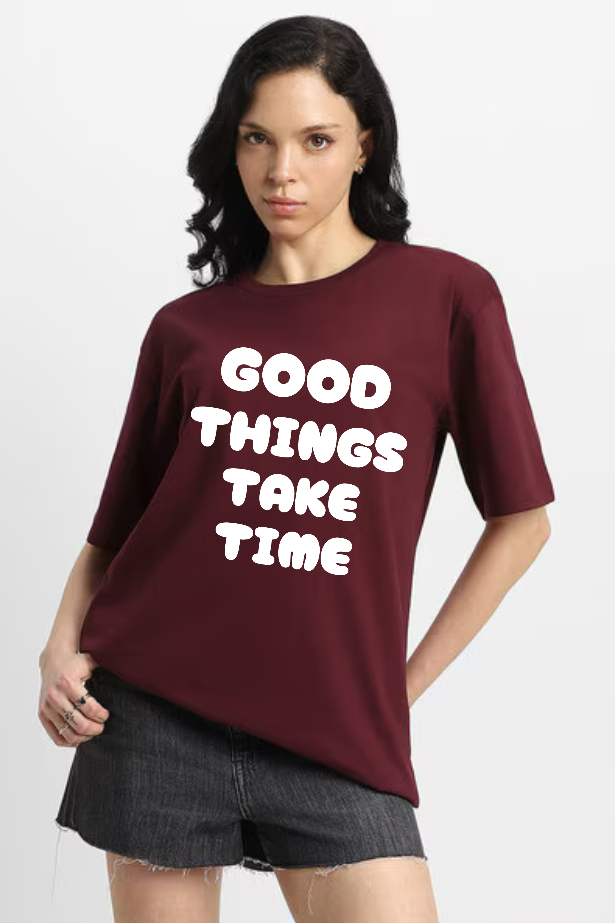 Good Things Take Time Graphic Printed Classic Oversized T-shirt For Women 240GSM]