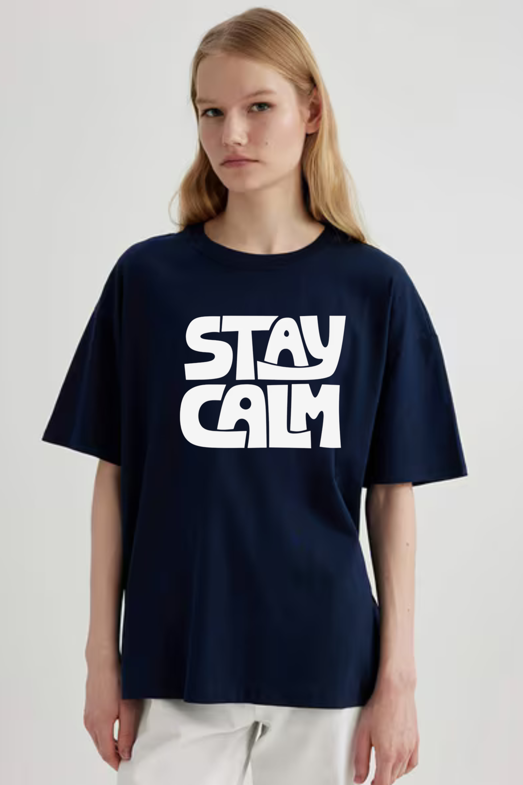 Stay Calm Graphic Printed Classic Oversized T-shirt For Women [240GSM]