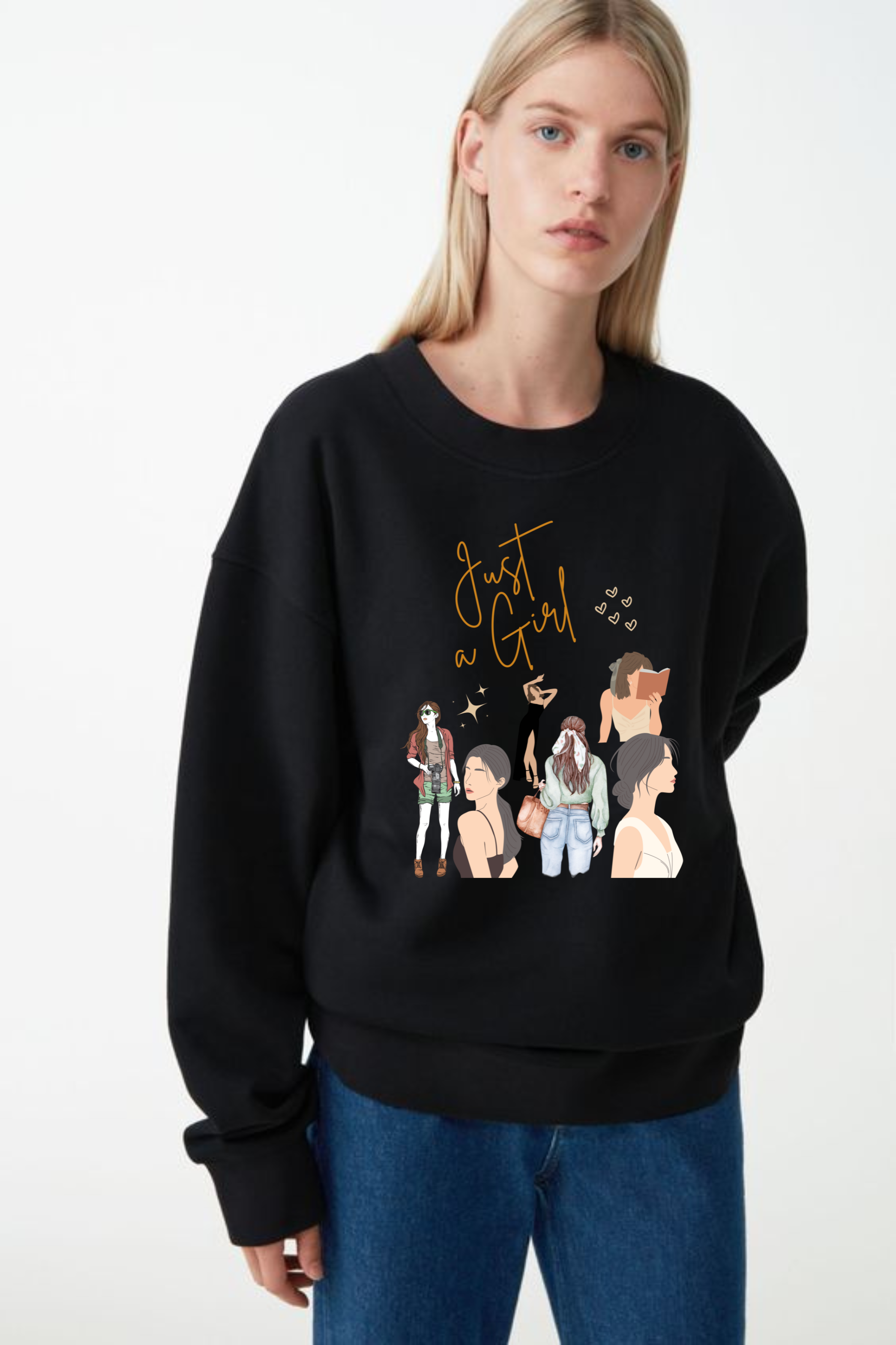 Just A Girl Graphic Printed Oversized Sweatshirt For Women  [ Heavyweight 400 GSM ]