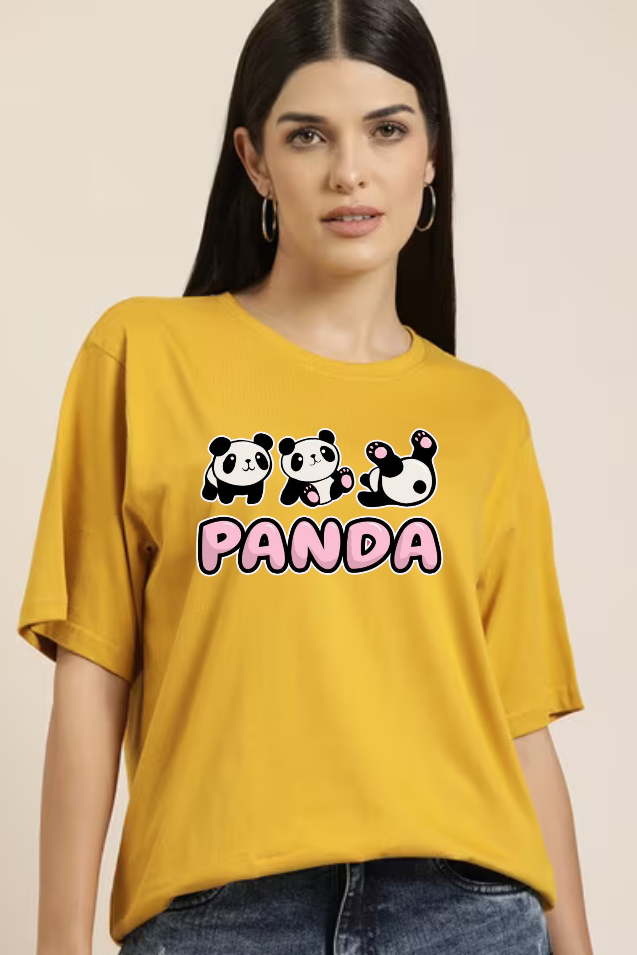fun loving Panda Graphic Printed Classic Oversized T-shirt For Women 240GSM]