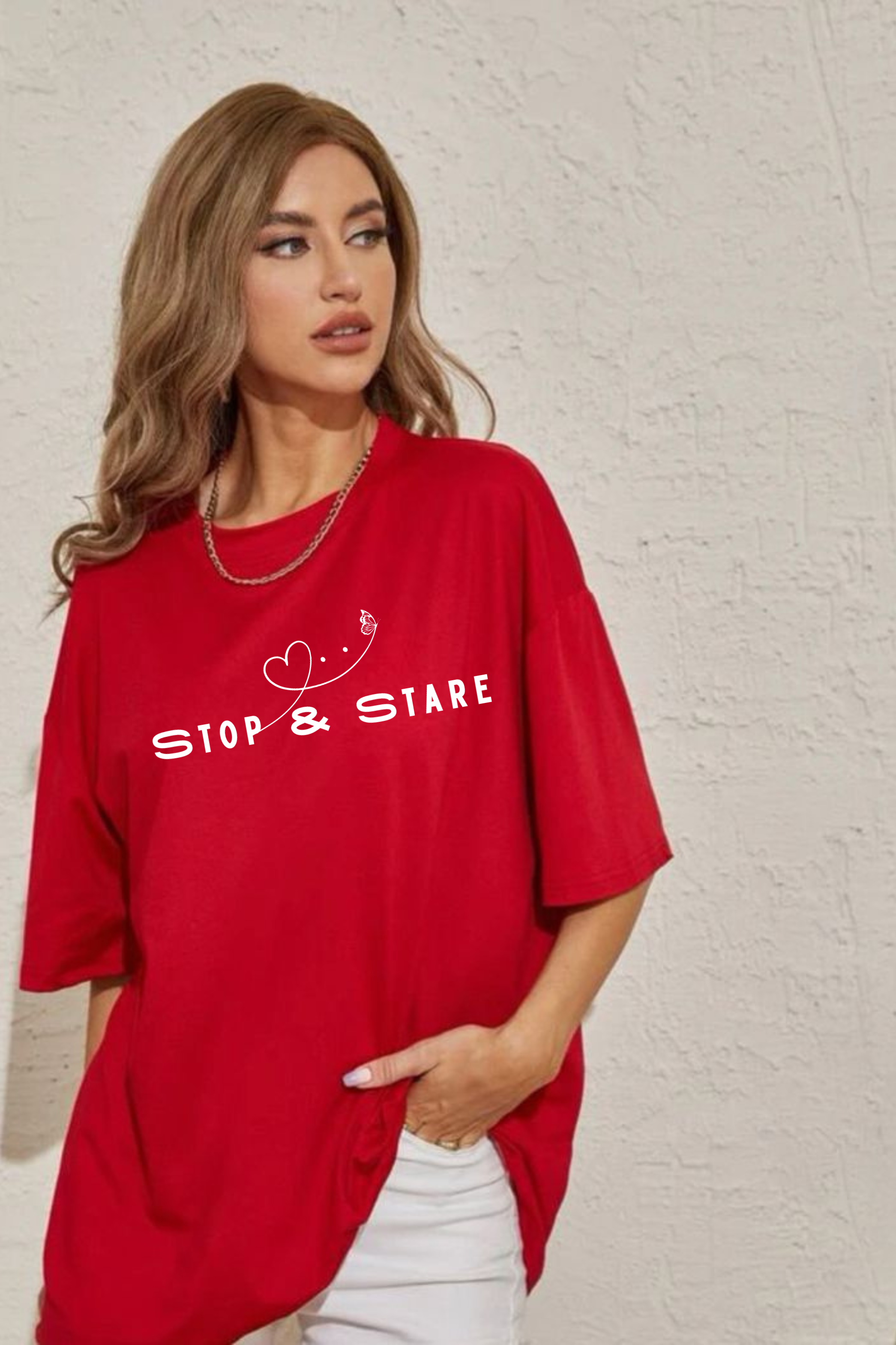 Stop & Stare Graphic Printed Classic Oversized T-shirt For Women [240GSM]