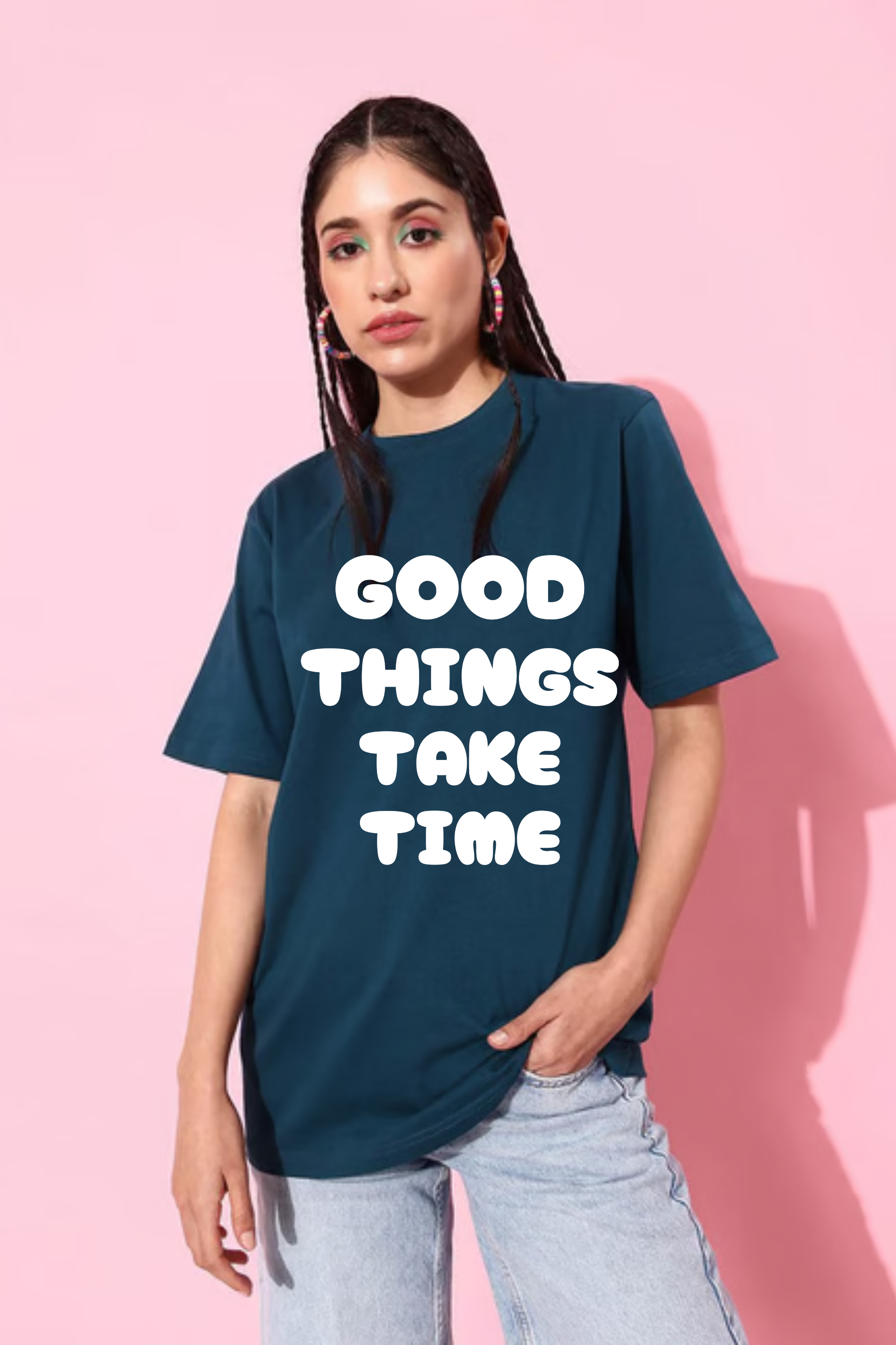 Good Things Take Time Graphic Printed Classic Oversized T-shirt For Women 240GSM]