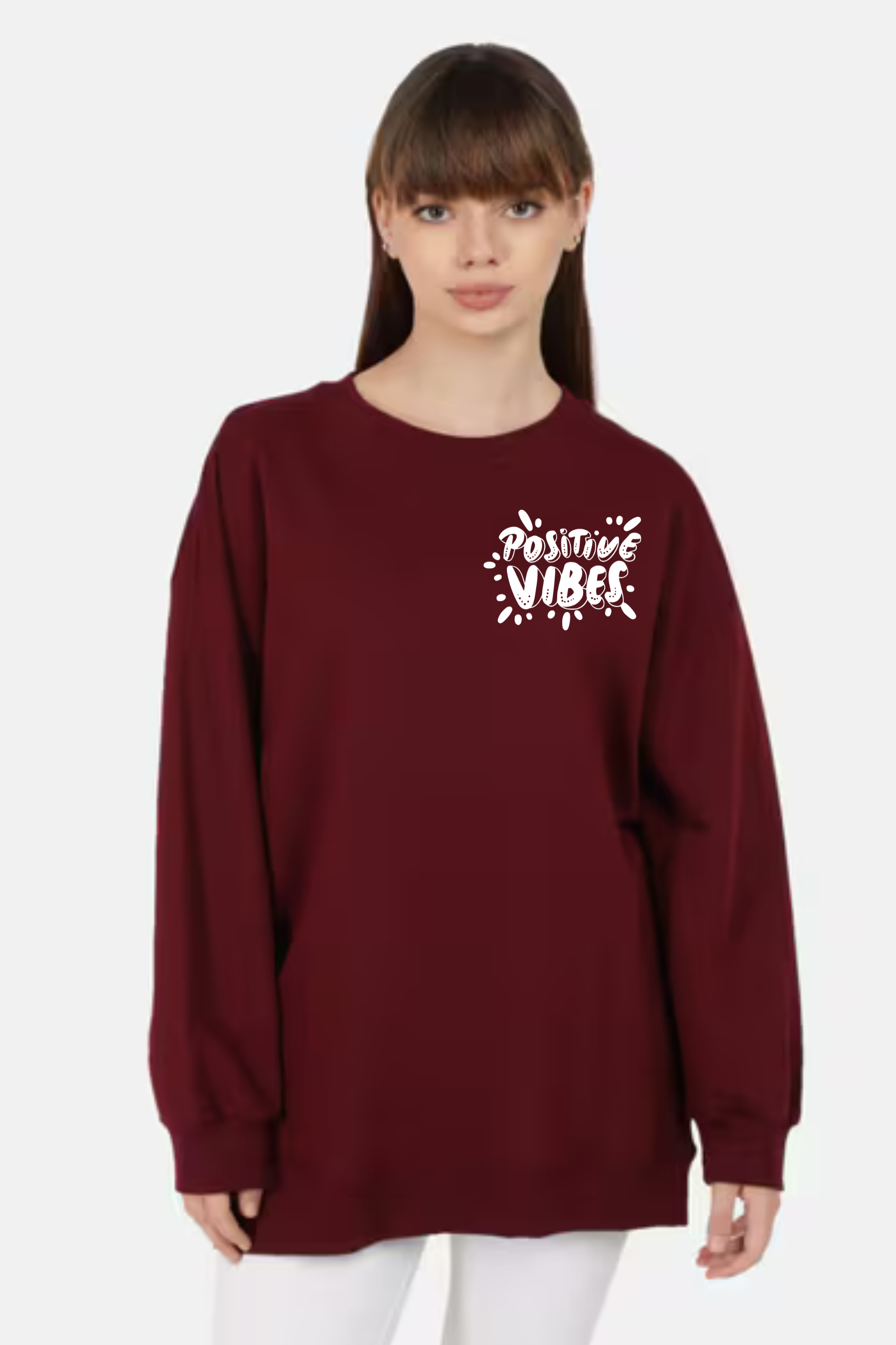 Positive Vibes Front & Back Oversized Graphic Printed Sweatshirt For Women [ Heavyweight 400 GSM ]