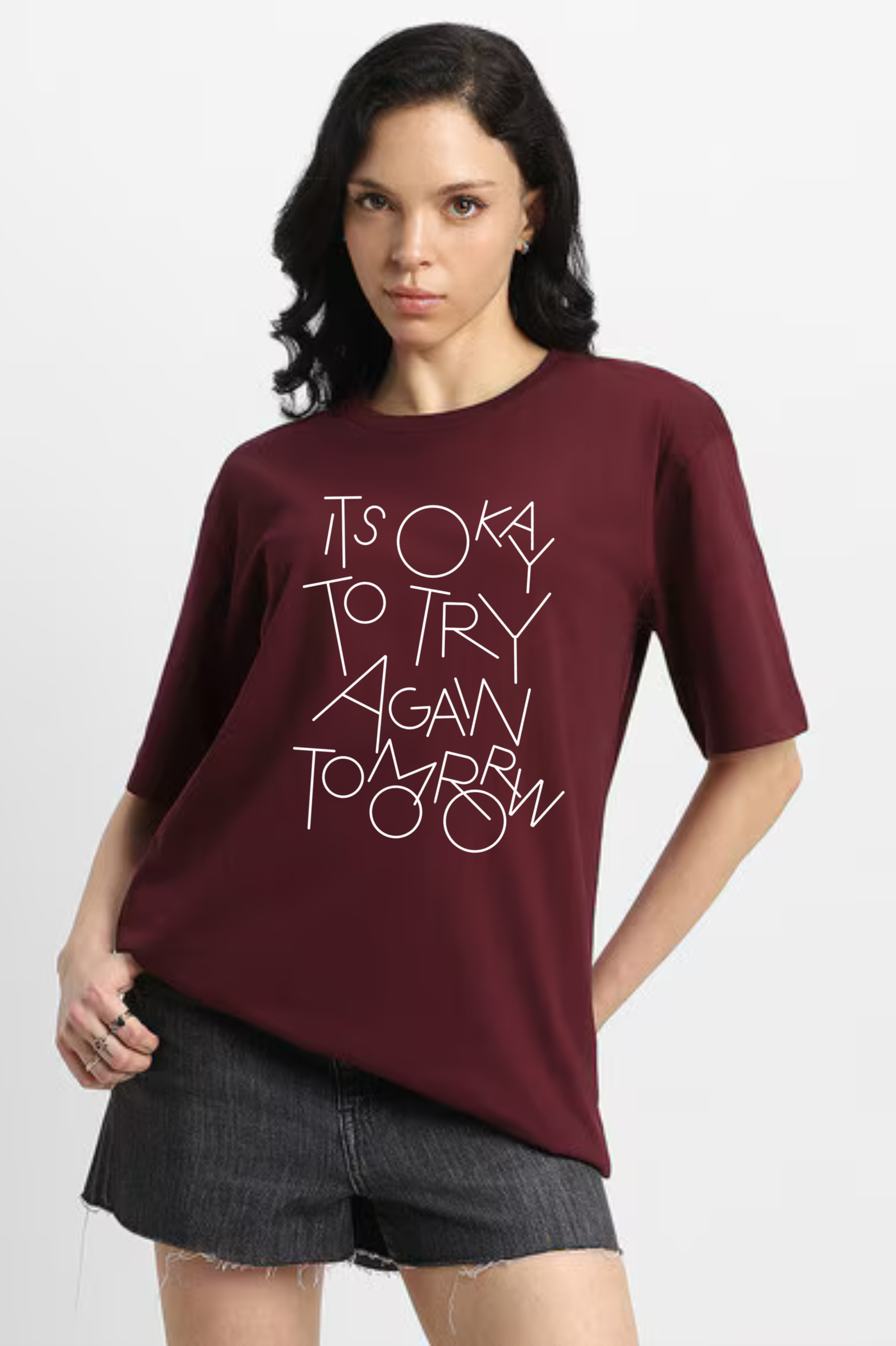 Try Again Graphic Printed Classic Oversized T-shirt For Women 240GSM]