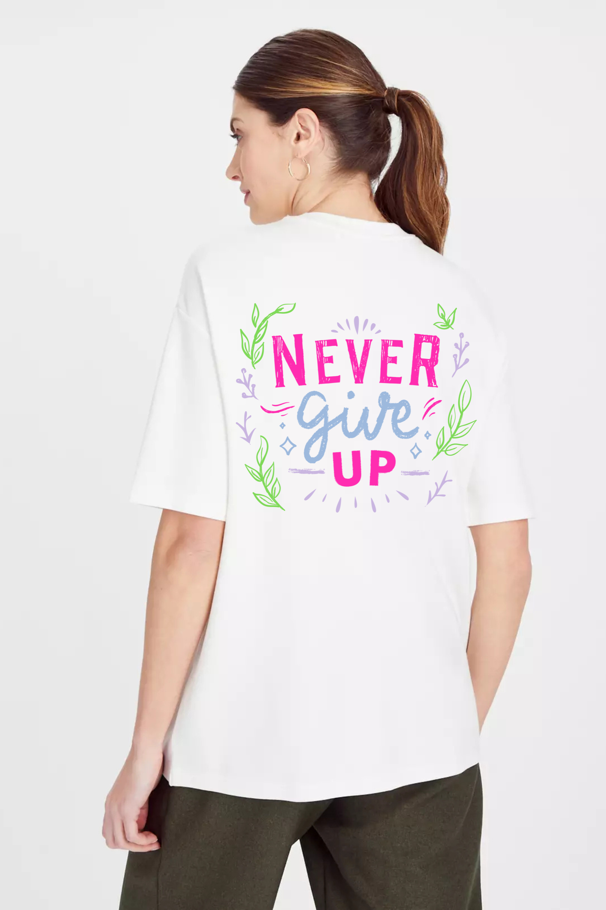 Never Give Up Graphic Front And Back Printed Classic Oversized T-shirt for Women [240GSM]