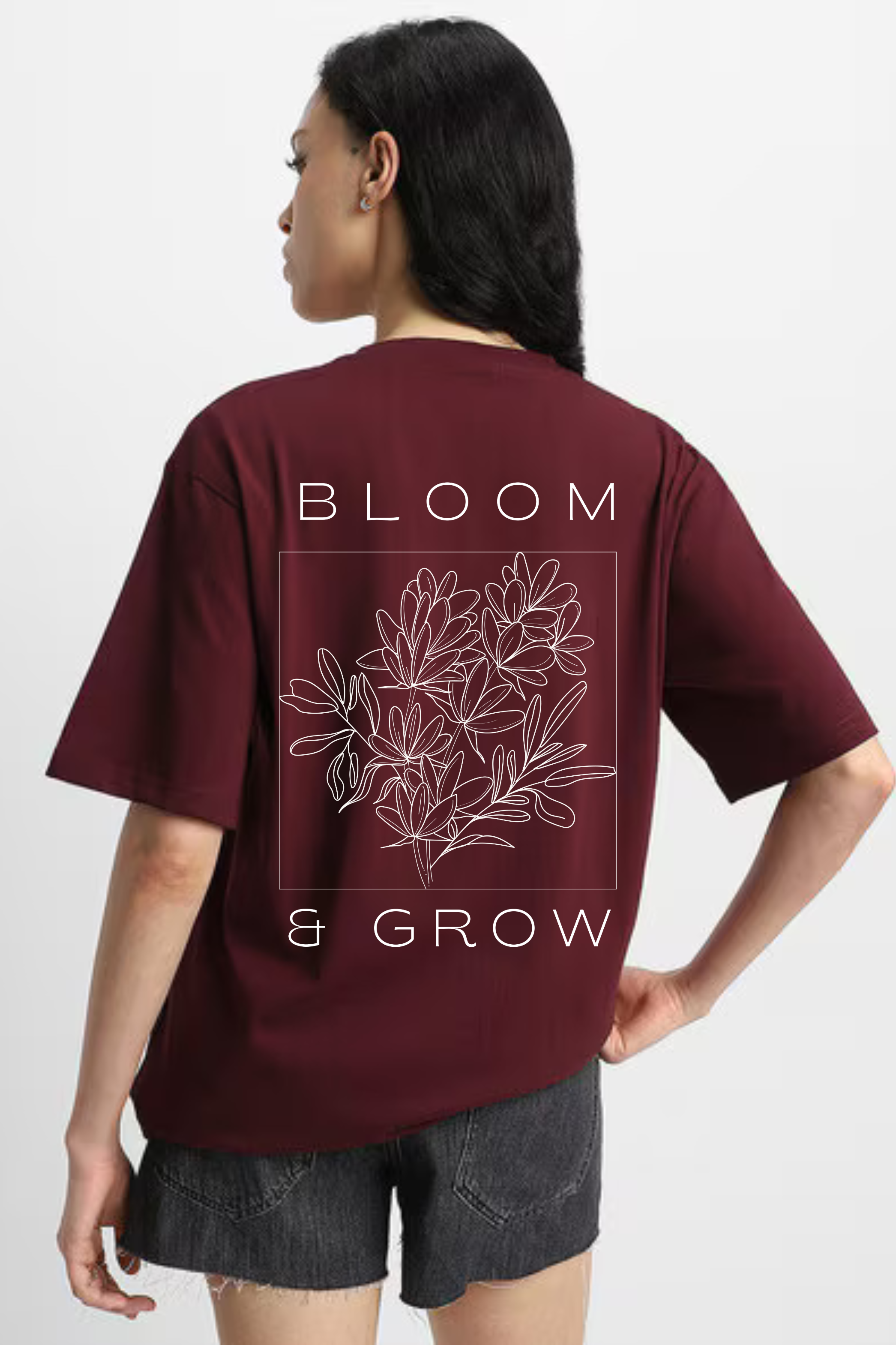 Bloom And Grow Classic Oversized Front and Back  Graphic Printed T-shirt for Women[240GSM]