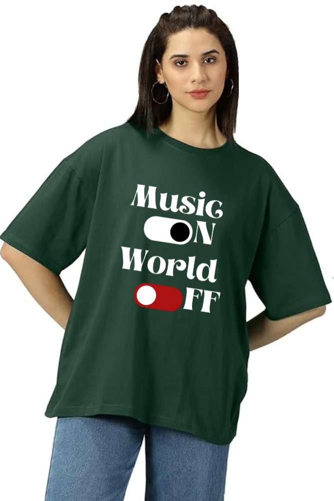 Music On World Off Graphic Printed Classic Oversized T-shirt for Women [240GSM]