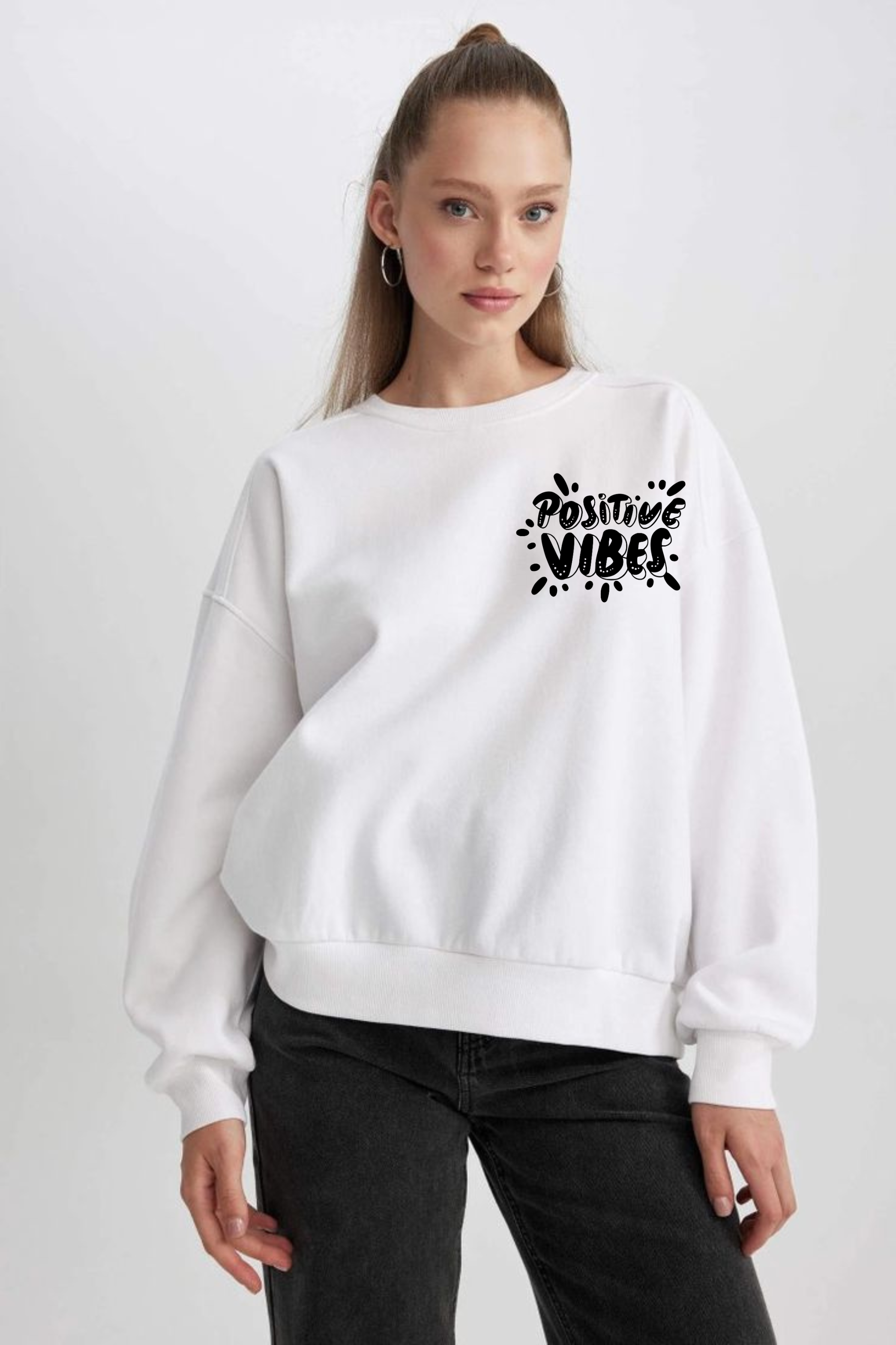Positive Vibes Front & Back Oversized Graphic Printed Sweatshirt For Women [ Heavyweight 400 GSM ]