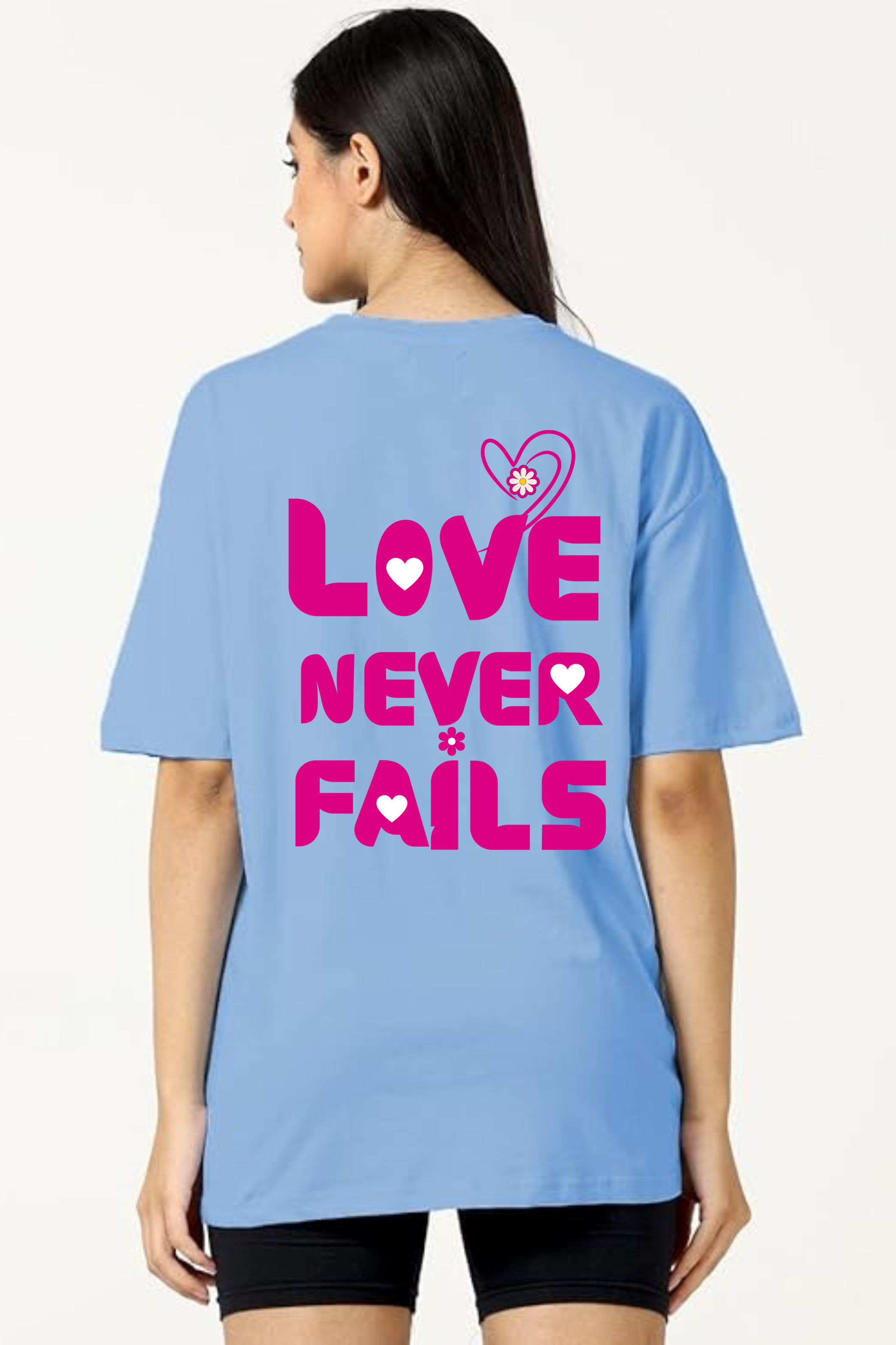 Love Never Fails  Classic Oversized Front and Back  Graphic Printed T-shirt for Women[240GSM]