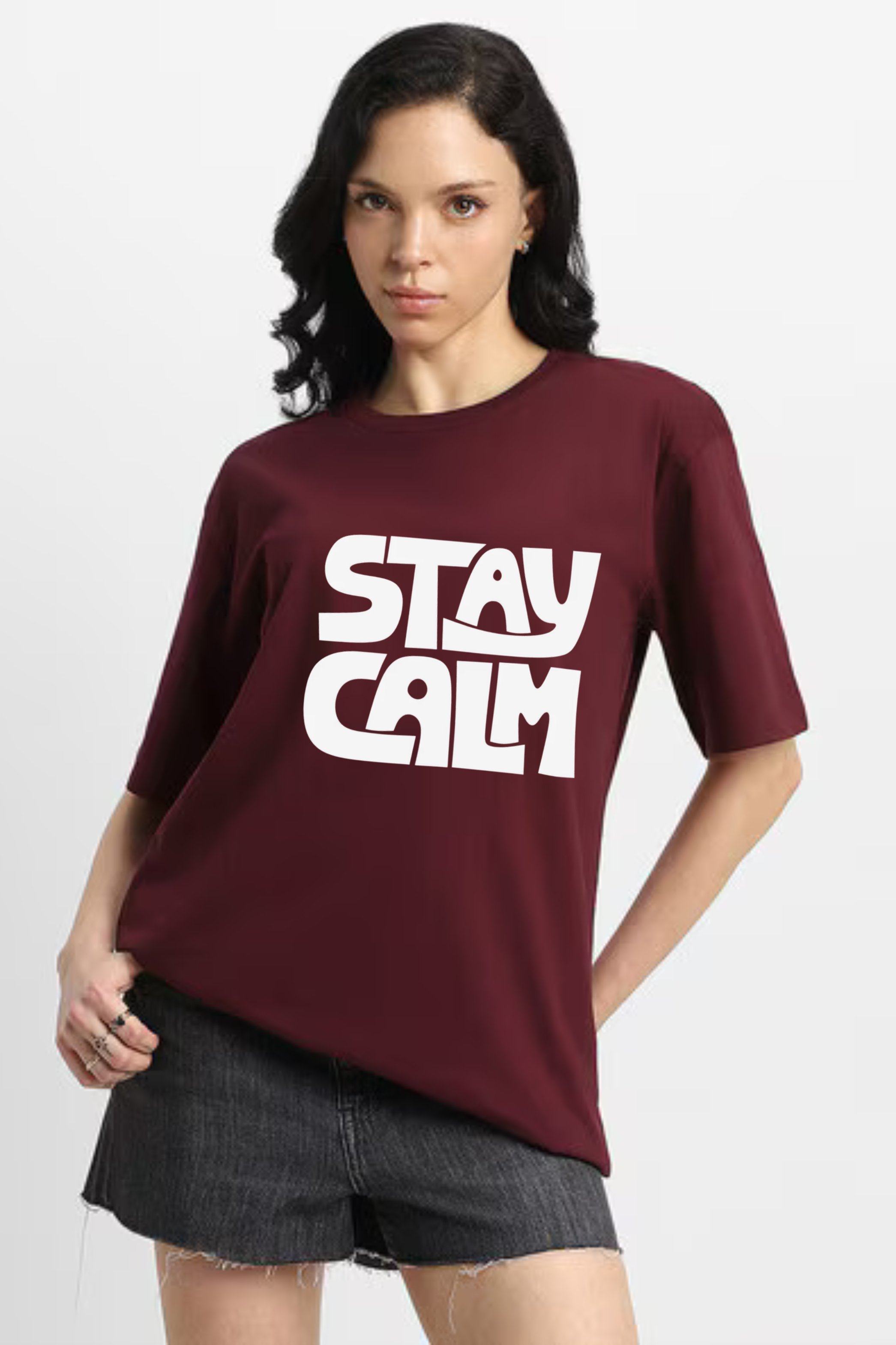 Stay Calm Graphic Printed Classic Oversized T-shirt For Women [240GSM]