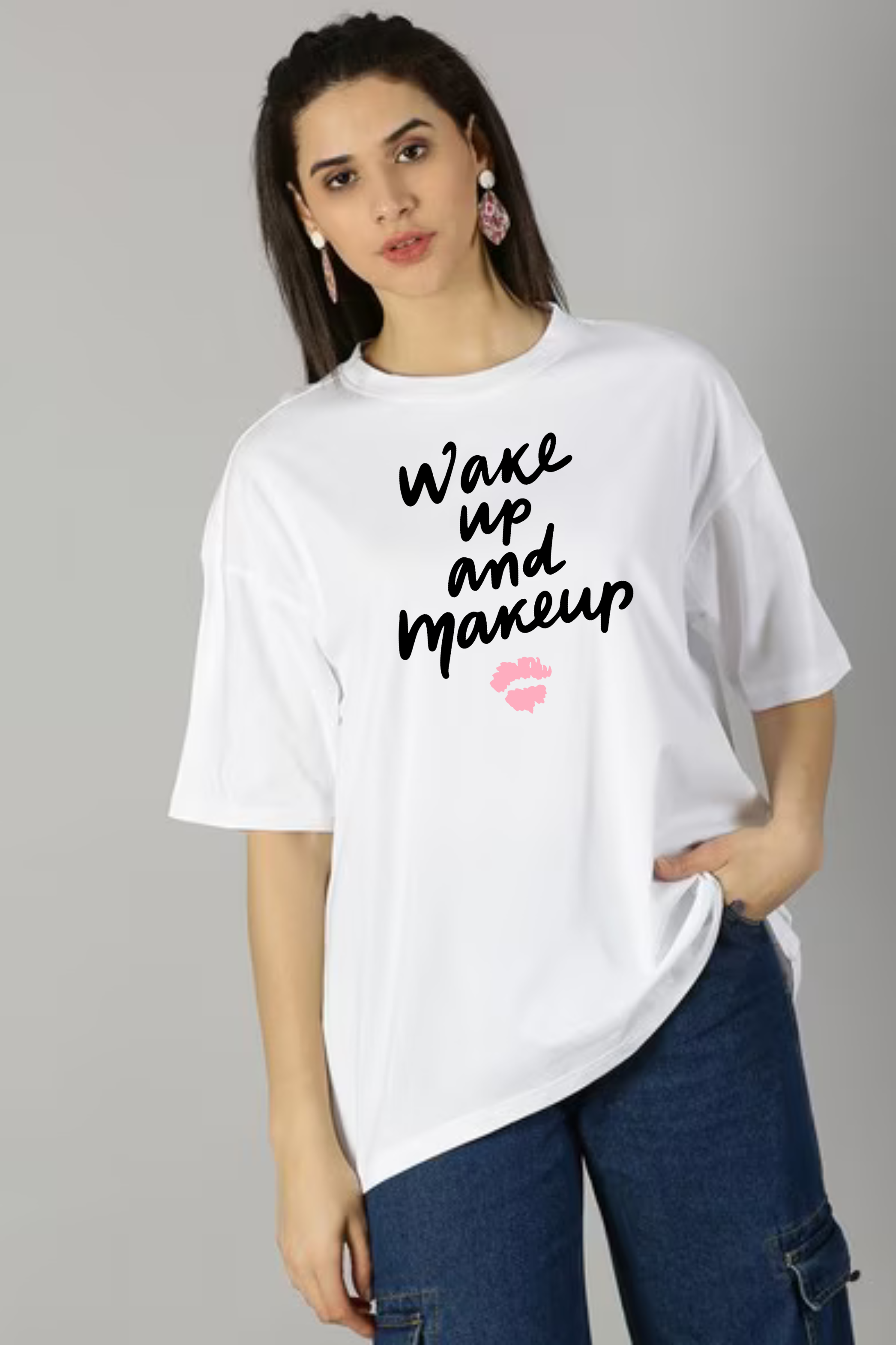 Wake & Makeup Graphic Printed Classic Oversized T-shirt For Women [240GSM]