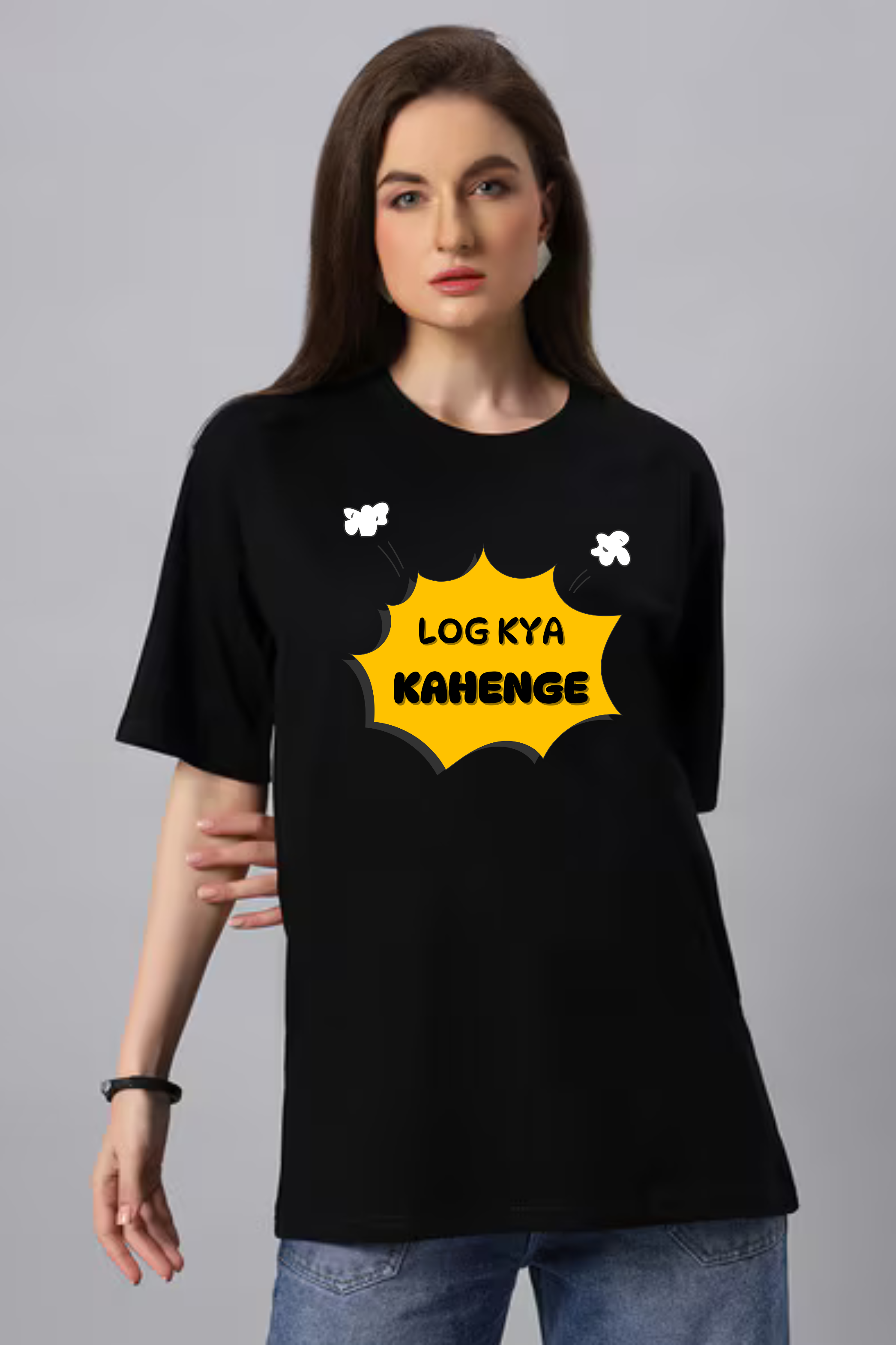 Log Kya Kahenge Graphic Printed Classic Oversized T-shirt For Women 240GSM]