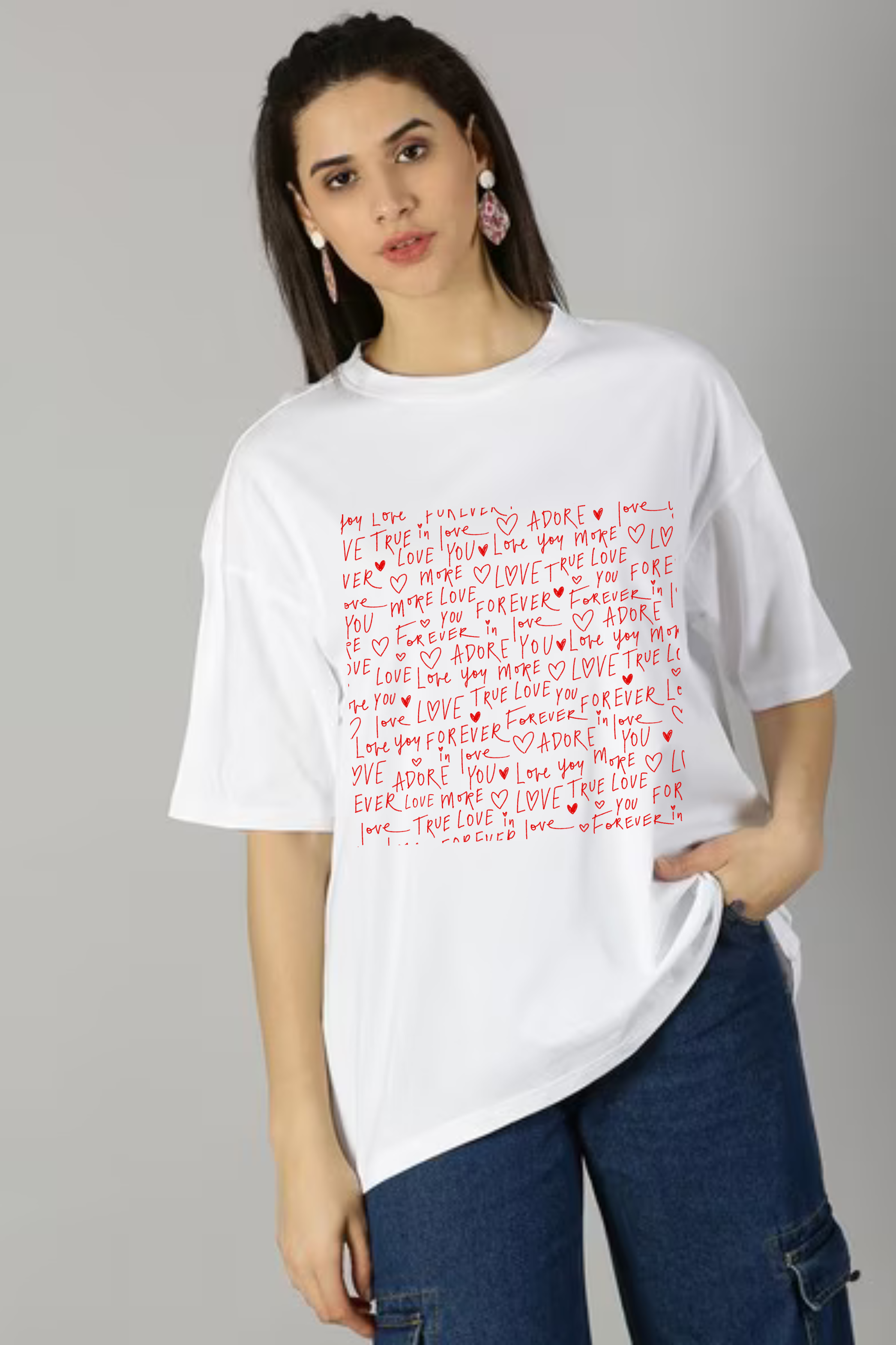 Love Typography Graphic Printed Classic Oversized T-shirt For Women 240GSM]