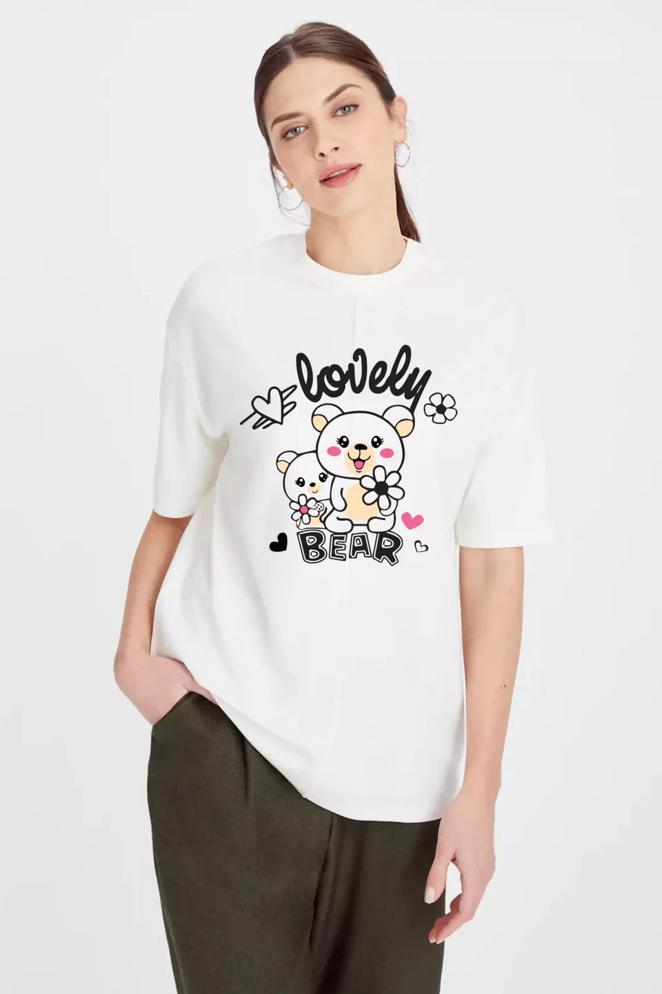 Lovely Bear Graphic Printed Classic Oversized T-shirt For Women 240GSM]